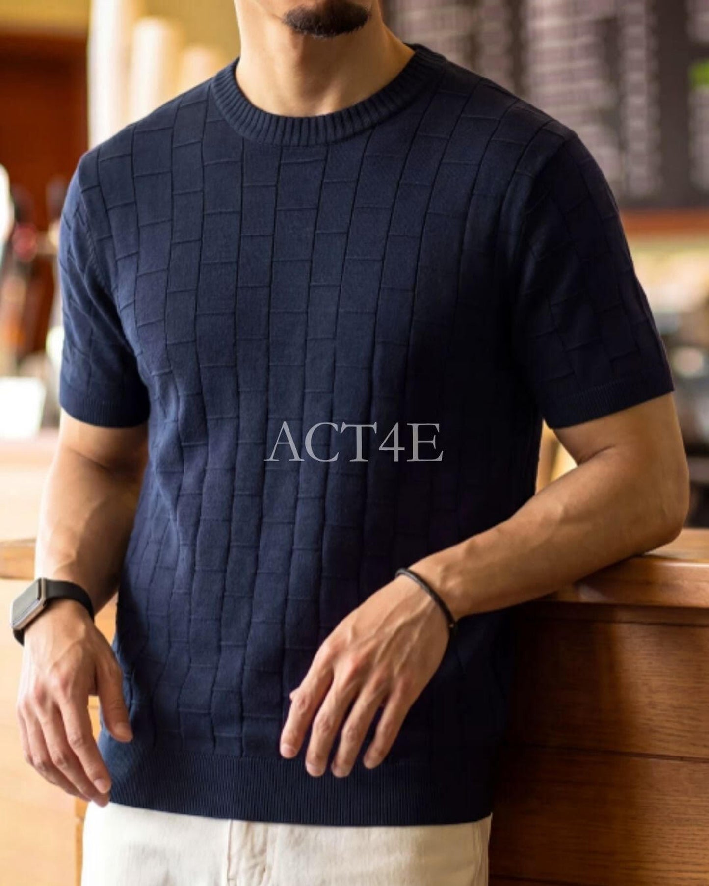 checked crew neck knit short sleeve shirt 2color 【ACT0044】