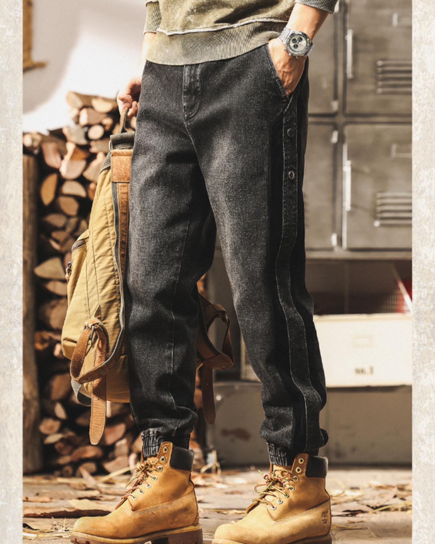 vintage stitched side corduroy jogger denim pants 2color 【ACT0207】