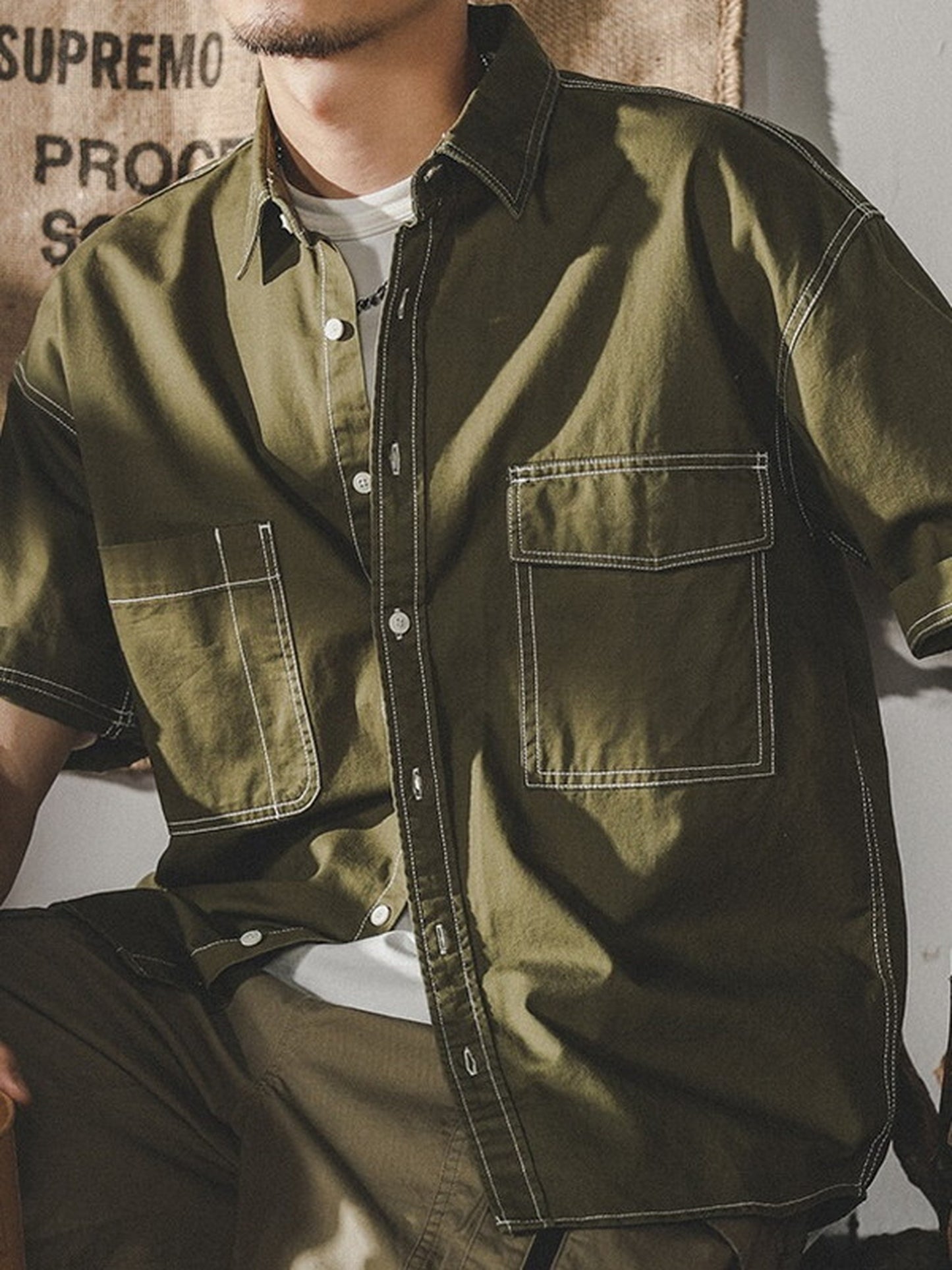 loose-fit stitched pocket short-sleeve cotton shirt 【ACT0252】