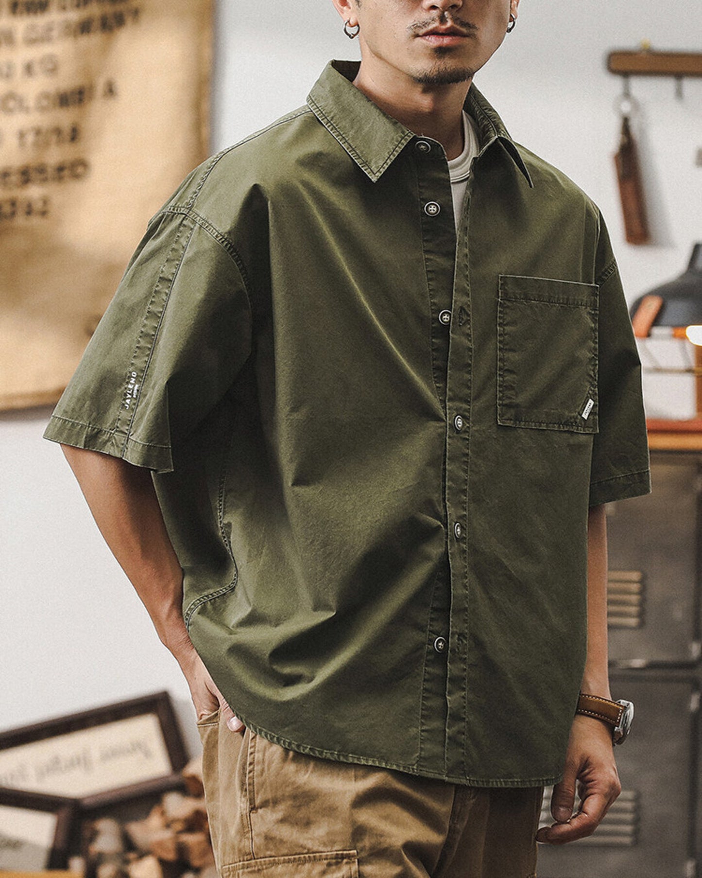 vintage washed loose military short sleeve shirt 2color 【ACT0246】