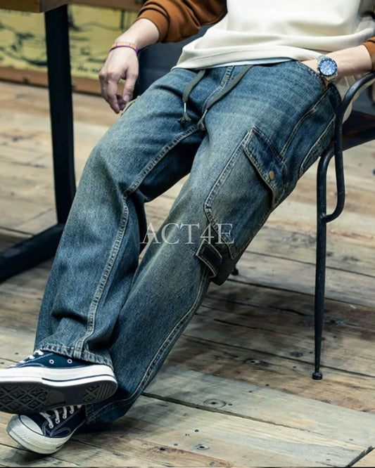 drawcord patch pocket wide denim pants 【ACT0024】