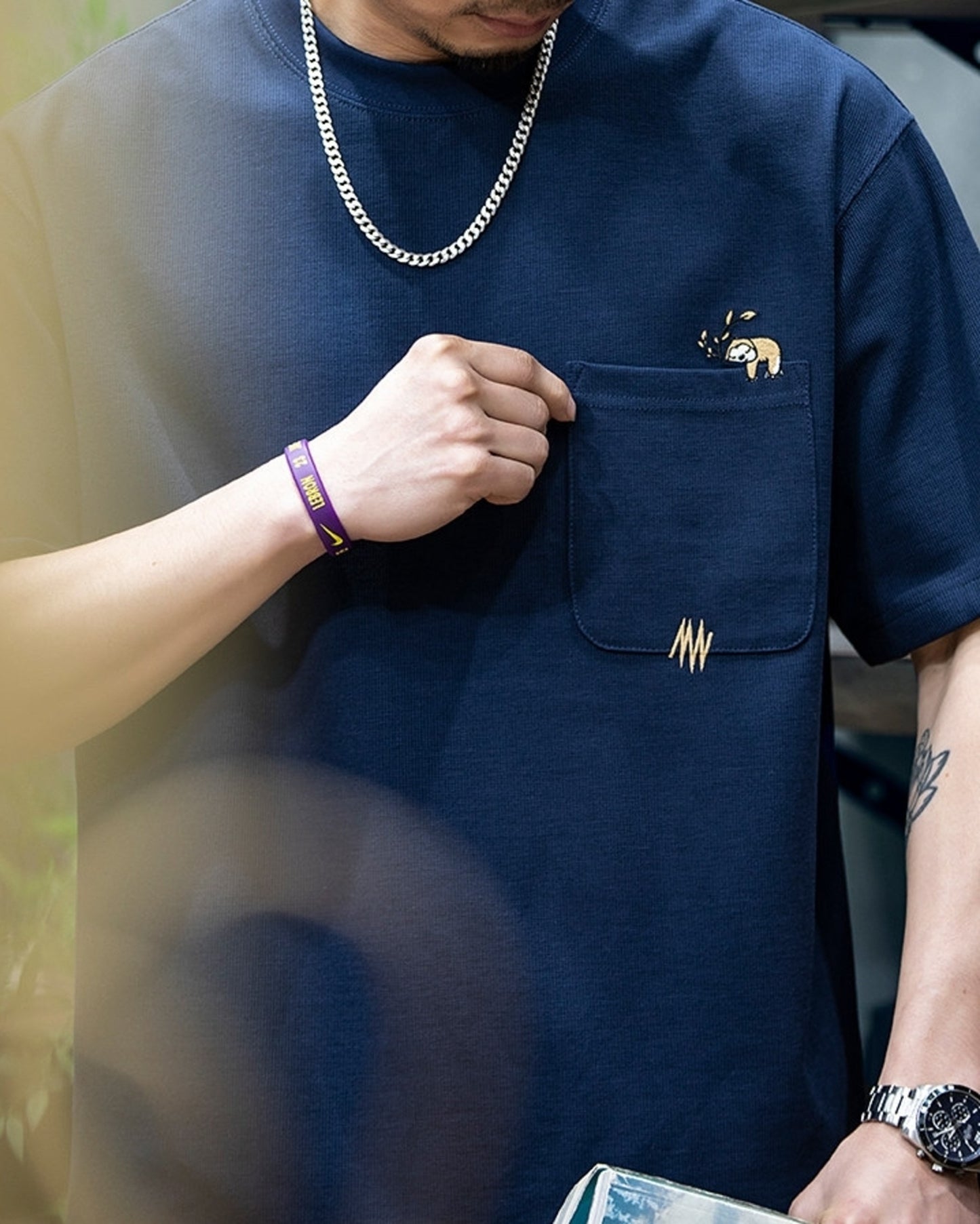 sloth embroidered pocket short sleeve t-shirt 2color 【ACT0159】