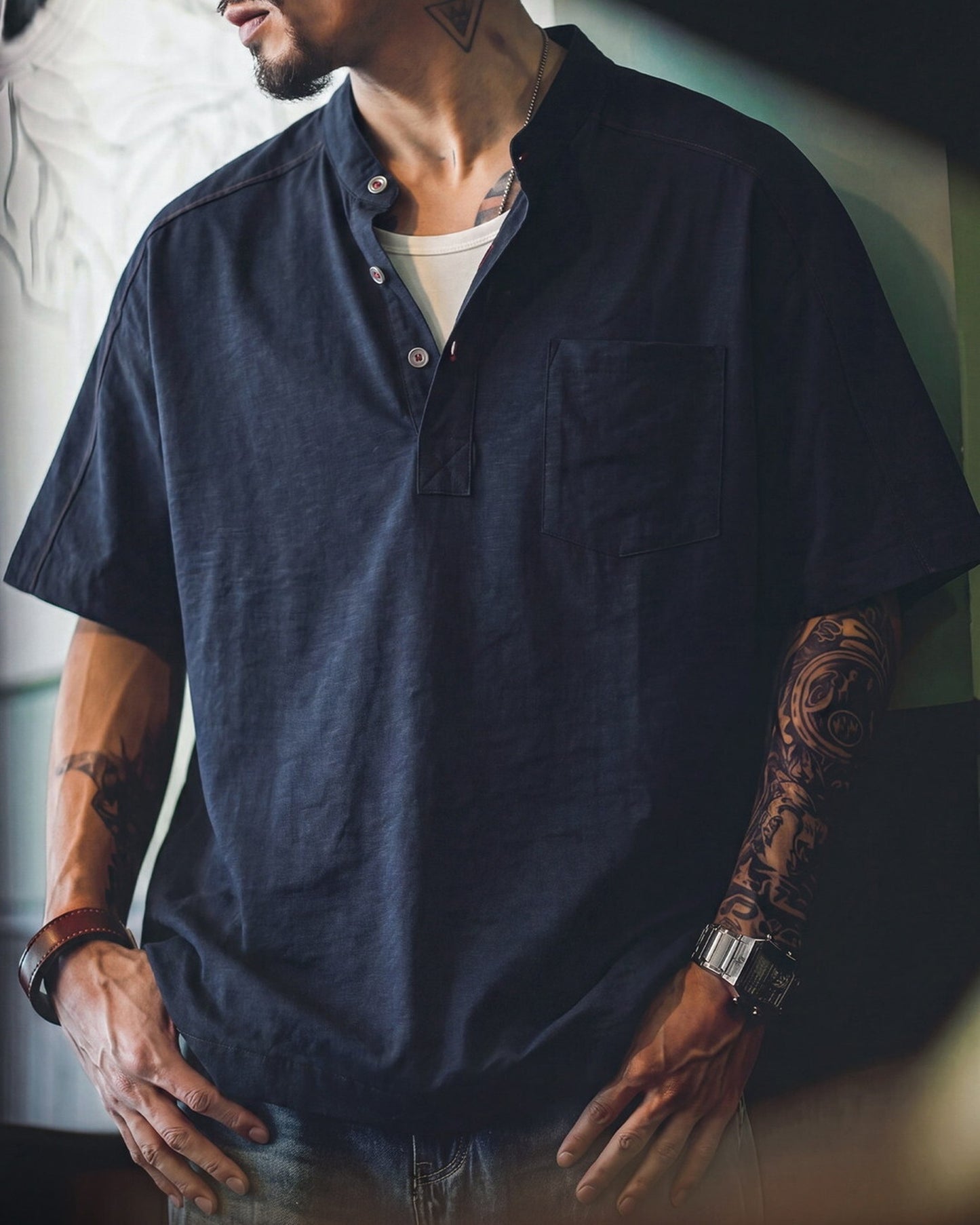 Classic Contrast-Stitch Band-Collar Vintage Pullover-Shirt 【ACT0094】