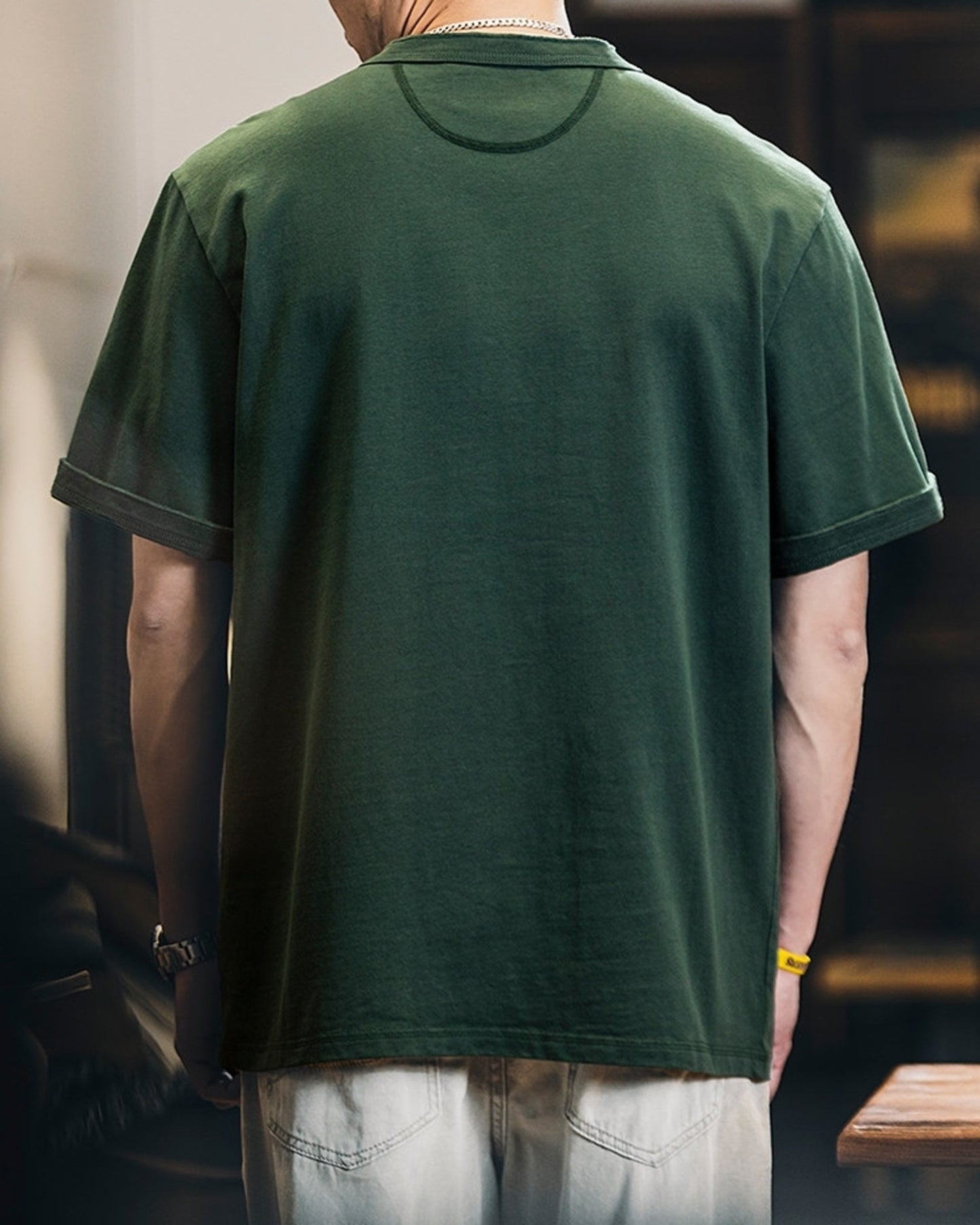 vintage henley neck solid short sleeve t-shirt 5color 【ACT0158】