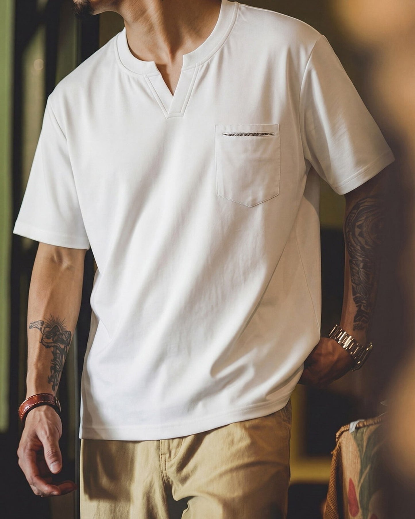 Vintage Key-Neck Smart-Casual Relaxed T-Shirt 2color 【ACT0097】