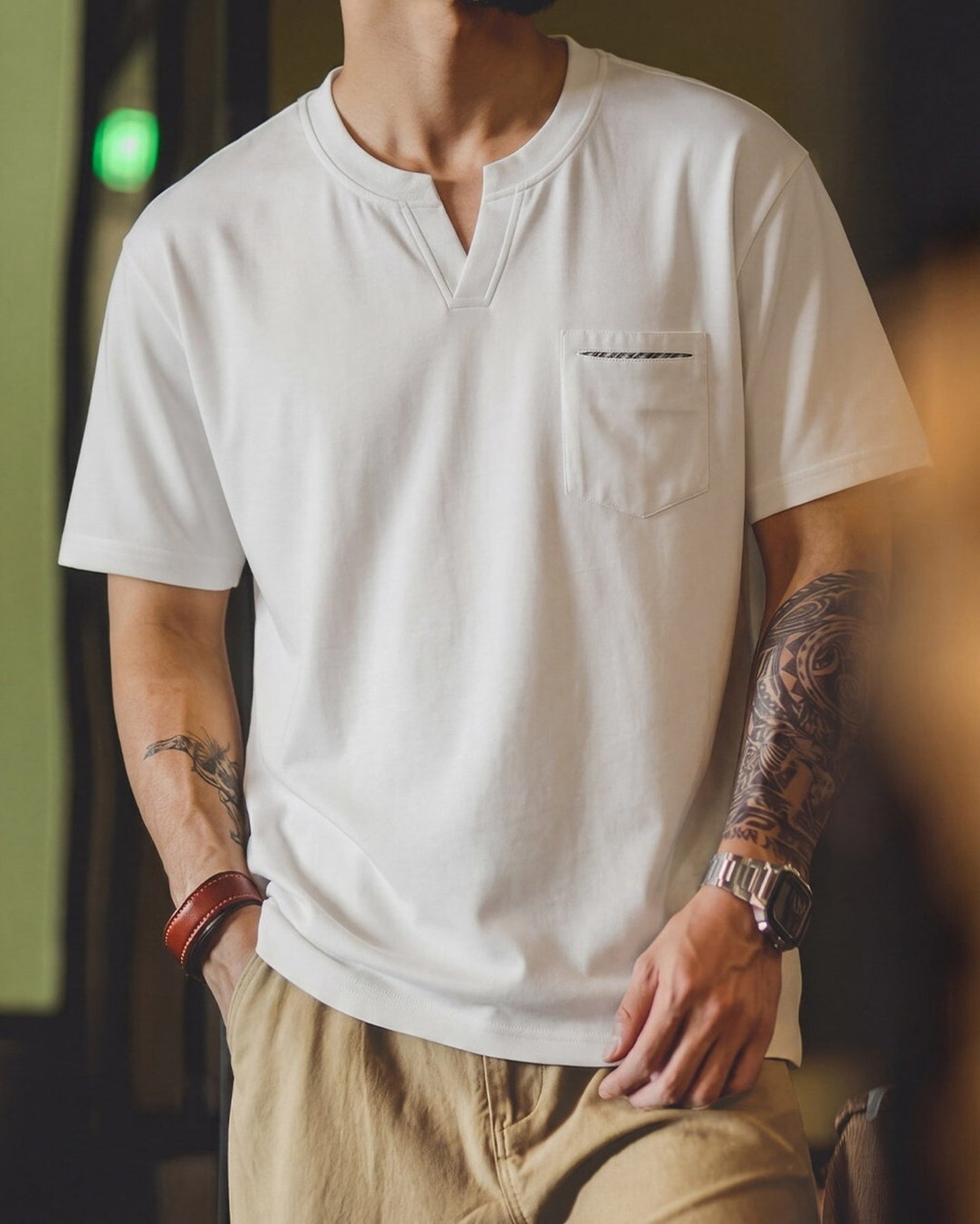 Vintage Key-Neck Smart-Casual Relaxed T-Shirt 2color 【ACT0097】