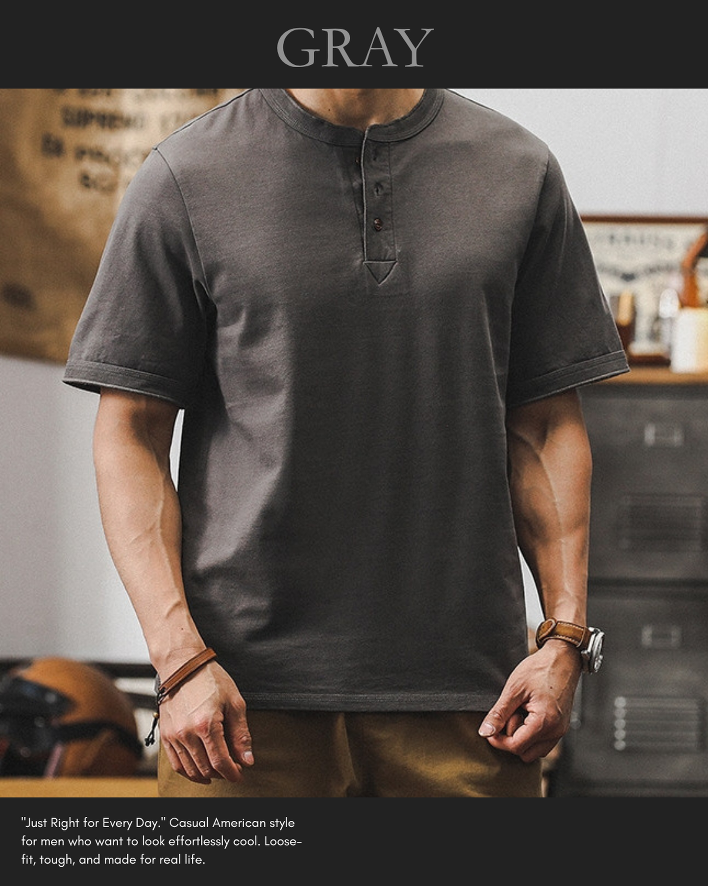 loose cotton henley neck t-shirt 5color 【ACT0164】