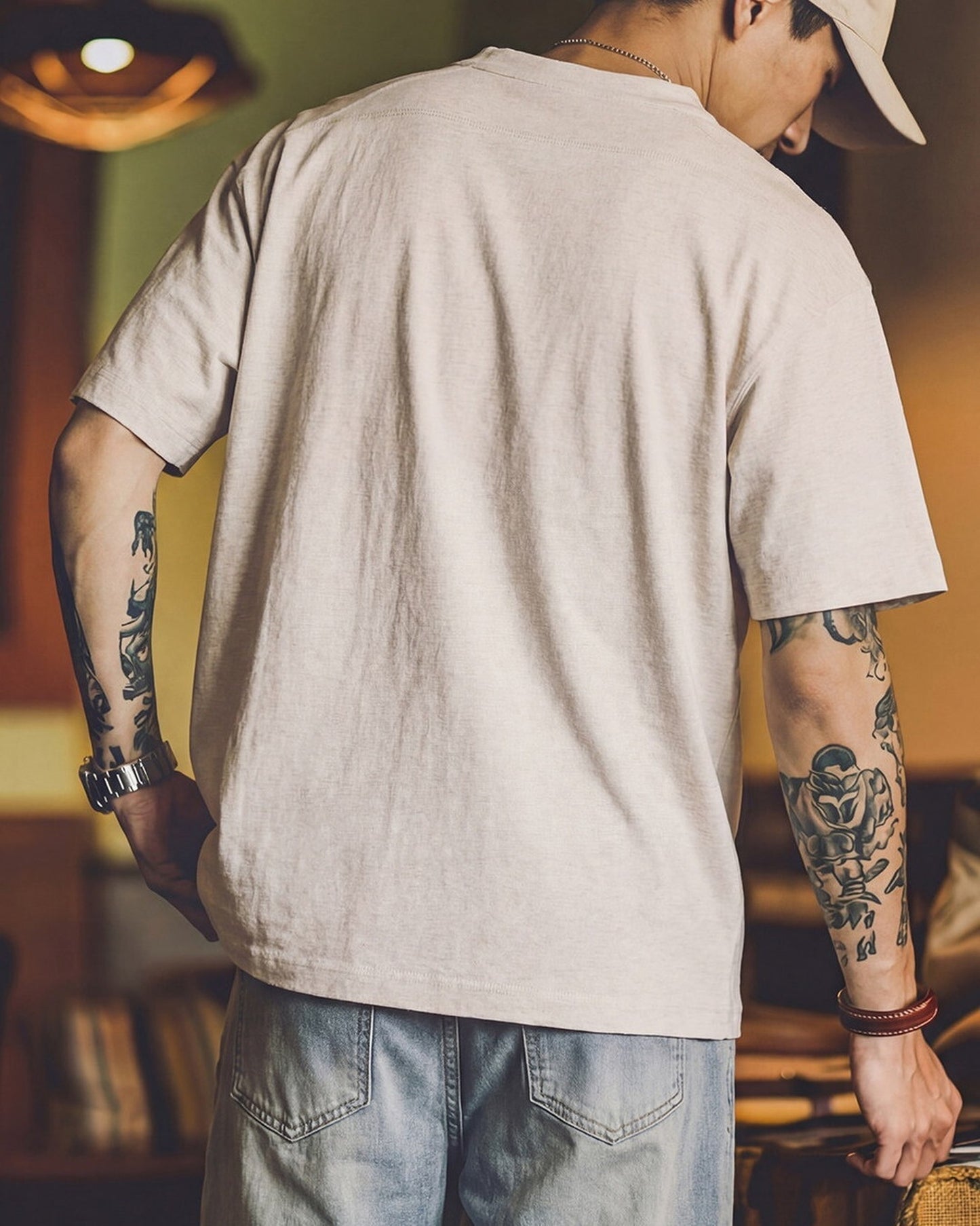 Henley-Neck Slub-Cotton Loose-Casual Short-Sleeve T-Shirt 2color 【ACT0126】
