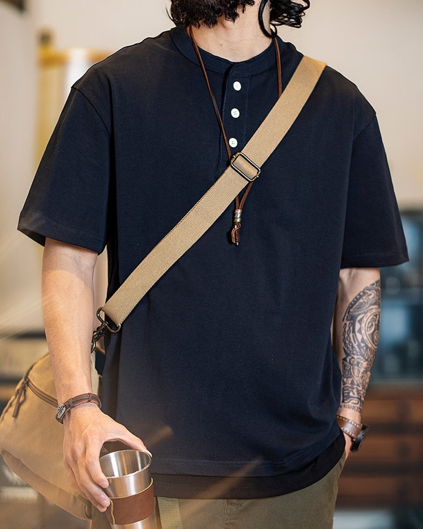 Henley-Neck Casual Loose Short-Sleeve T-Shirt 4color 【ACT0076】