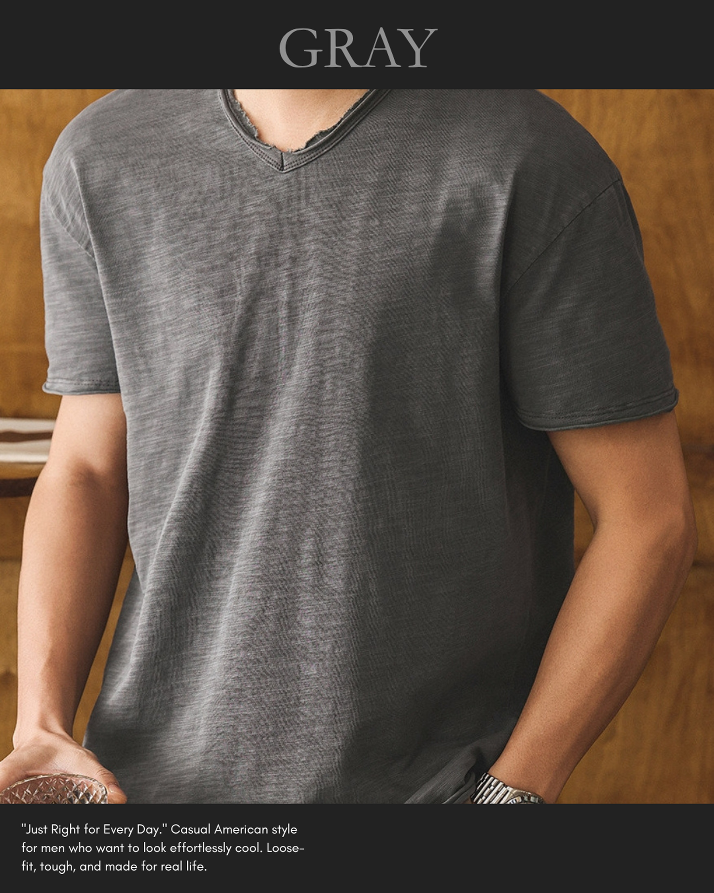 american retro slub cotton v-neck short sleeve t-shirt 7color 【ACT0160】