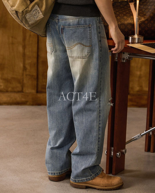 loose straight distressed denim pants 【ACT0187】