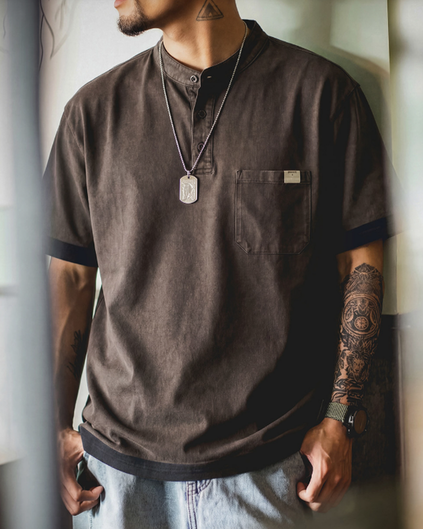 Henley-Neck Pocket-Detail Loose Casual Short-Sleeve T-Shirt 【ACT0128】