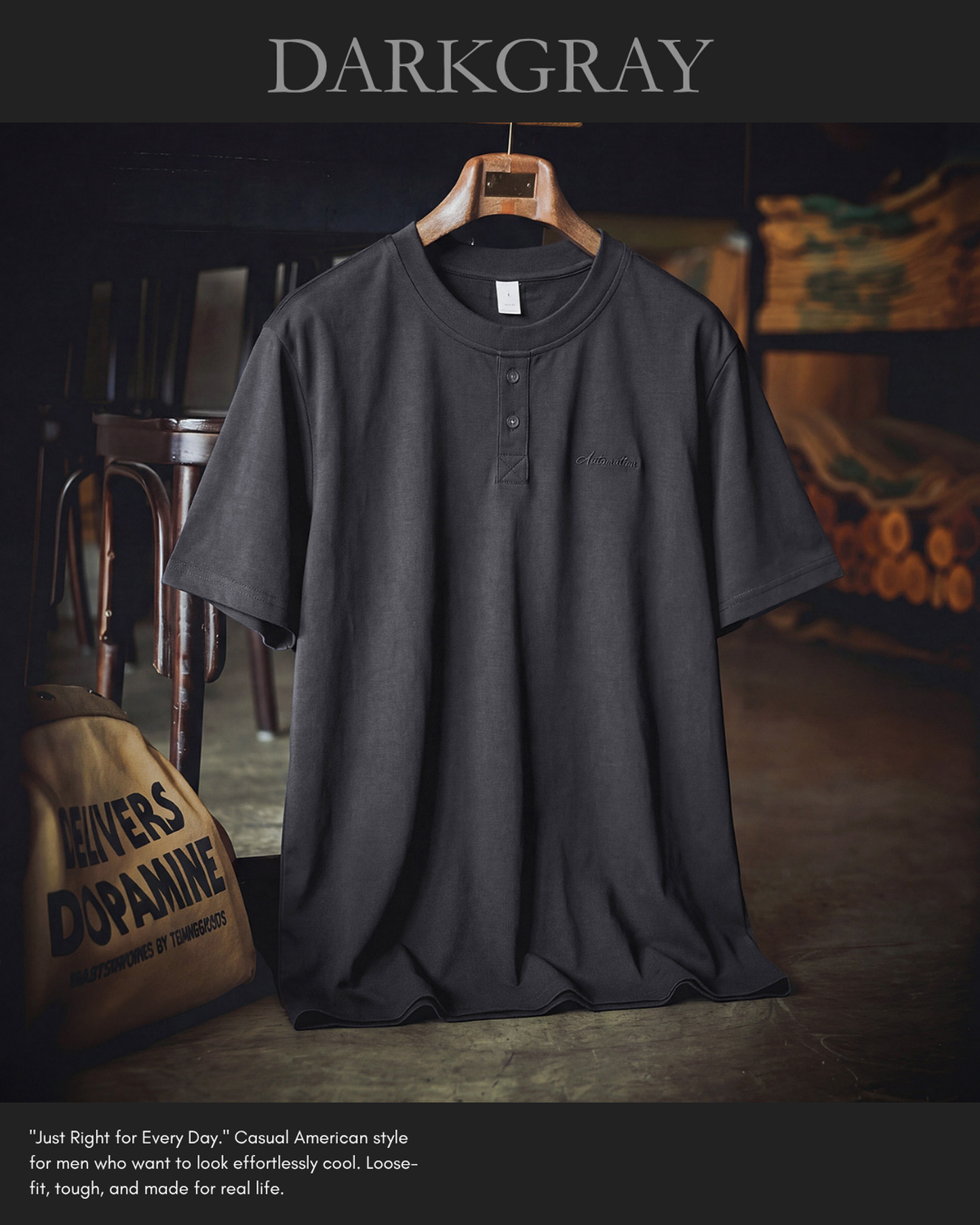 Button henley neck t-shirt 2color 【ACT0055】