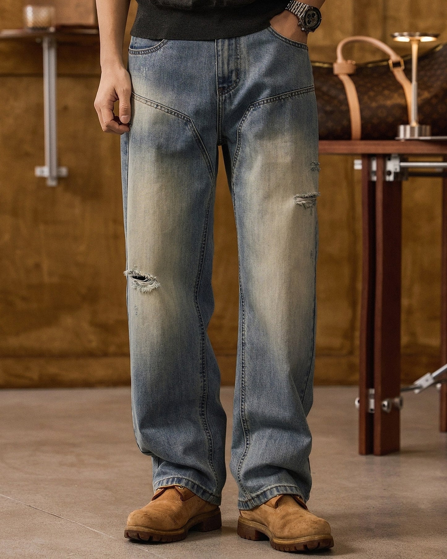 loose straight distressed denim pants 【ACT0187】