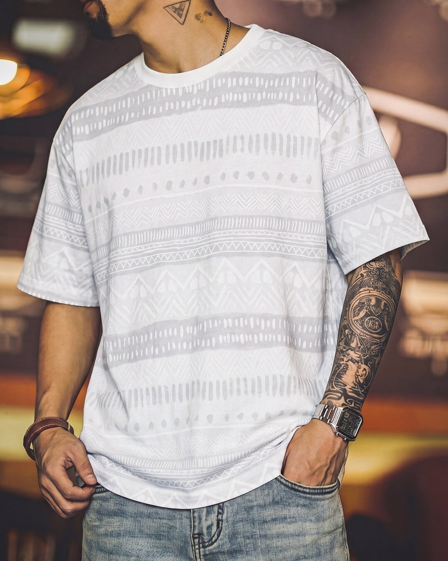 Native-Pattern Vintage Geometric Relaxed T-Shirt 2color 【ACT0103】