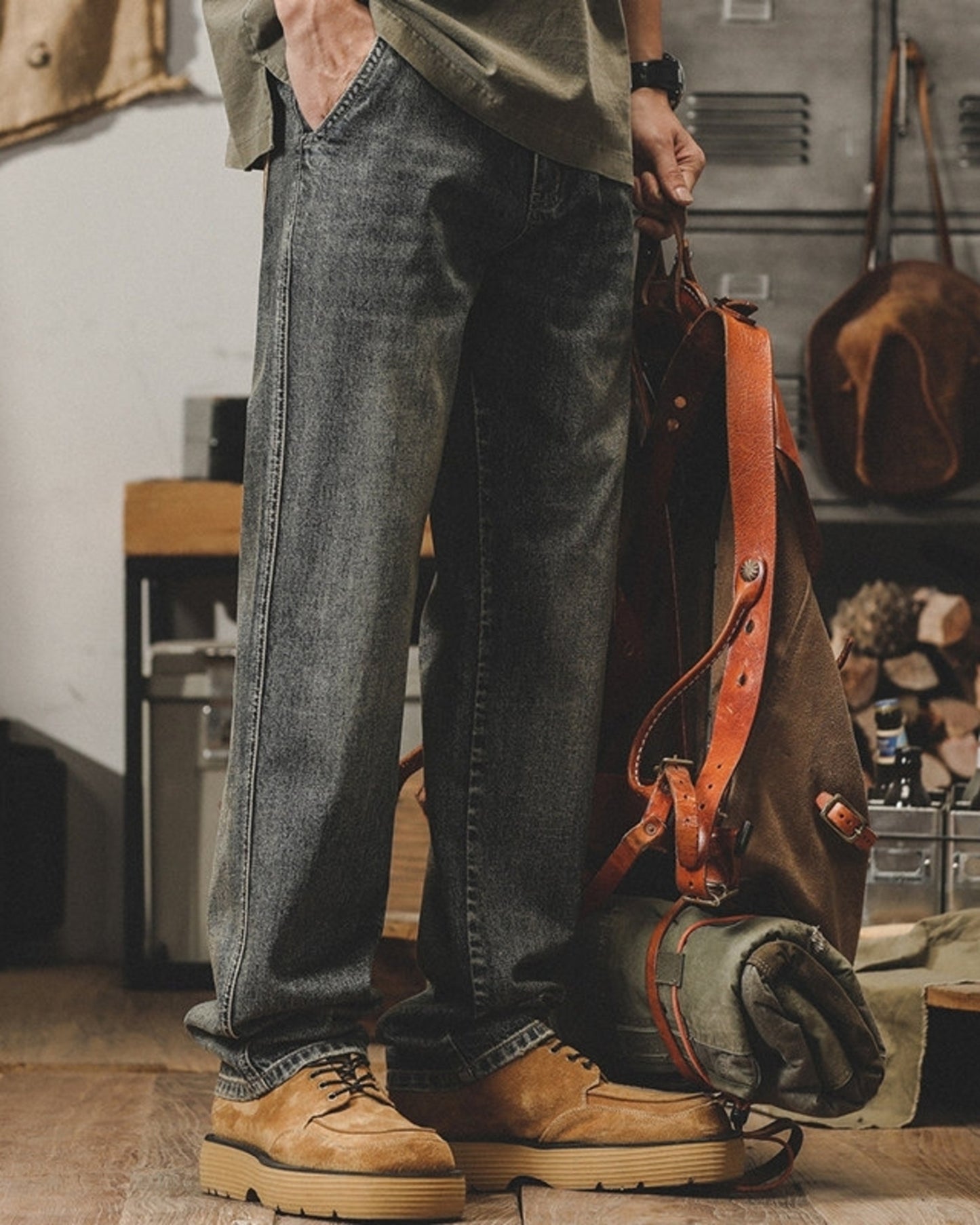 loose straight mud wash denim pants 【ACT0186】