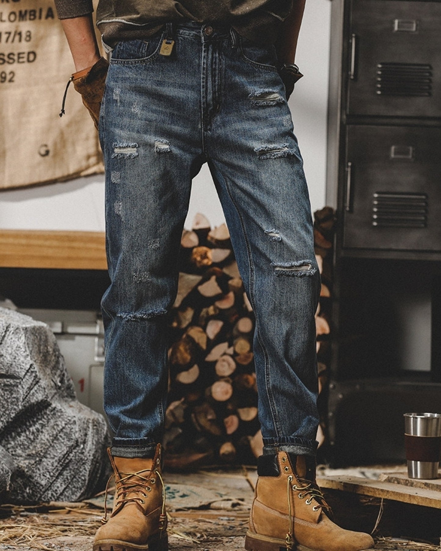 vintage relaxed tapered damage denim pants 2color 【ACT0199】