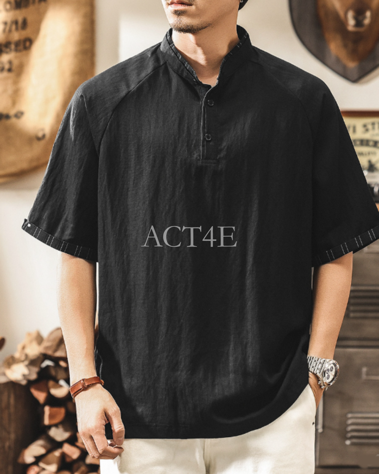 band collar henley neck short sleeve shirt 2color 【ACT0166】