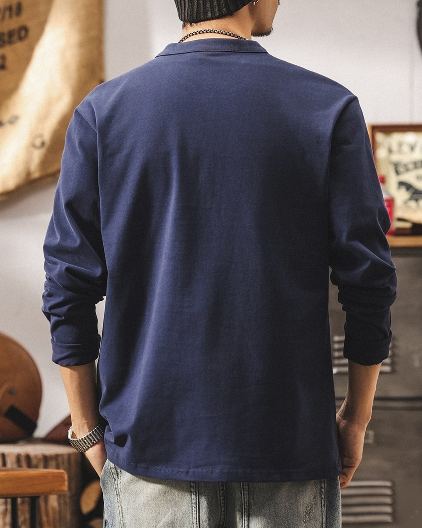 henley neck long sleeve t-shirt 5color 【ACT0244】