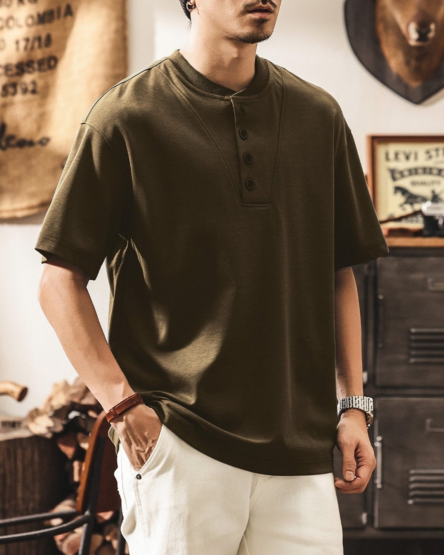 henley neck short sleeve t-shirt 2color 【ACT0245】