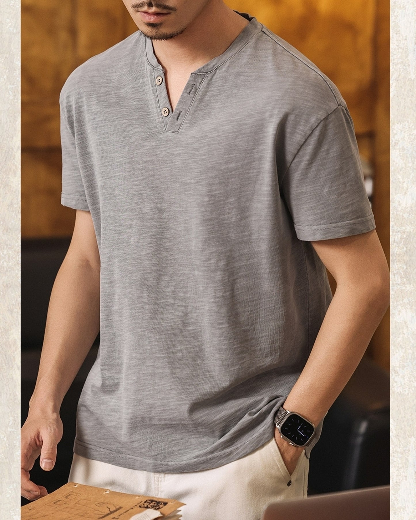 slub cotton henley neck loose short sleeve T-shirt 3color 【ACT0229】