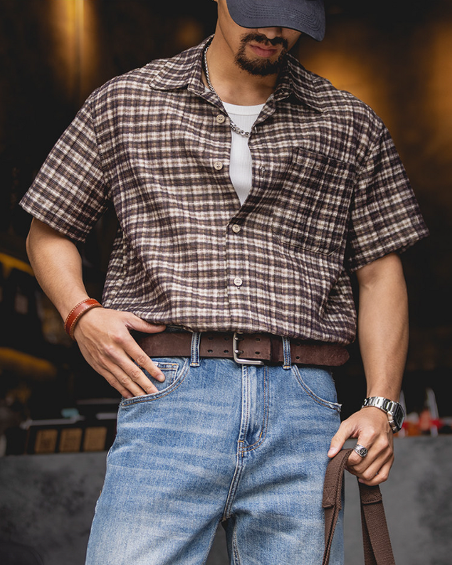 Classic-Check Pocket Loose Casual Short-Sleeve Shirt 【ACT0130】
