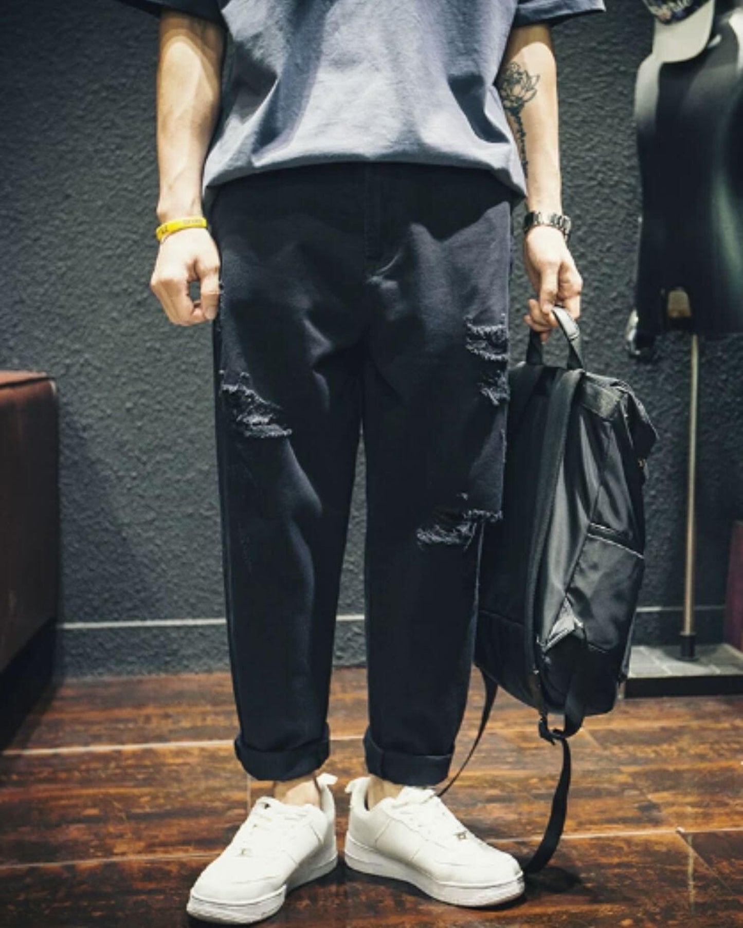 damage processed wide tapered denim pants 【ACT0020】