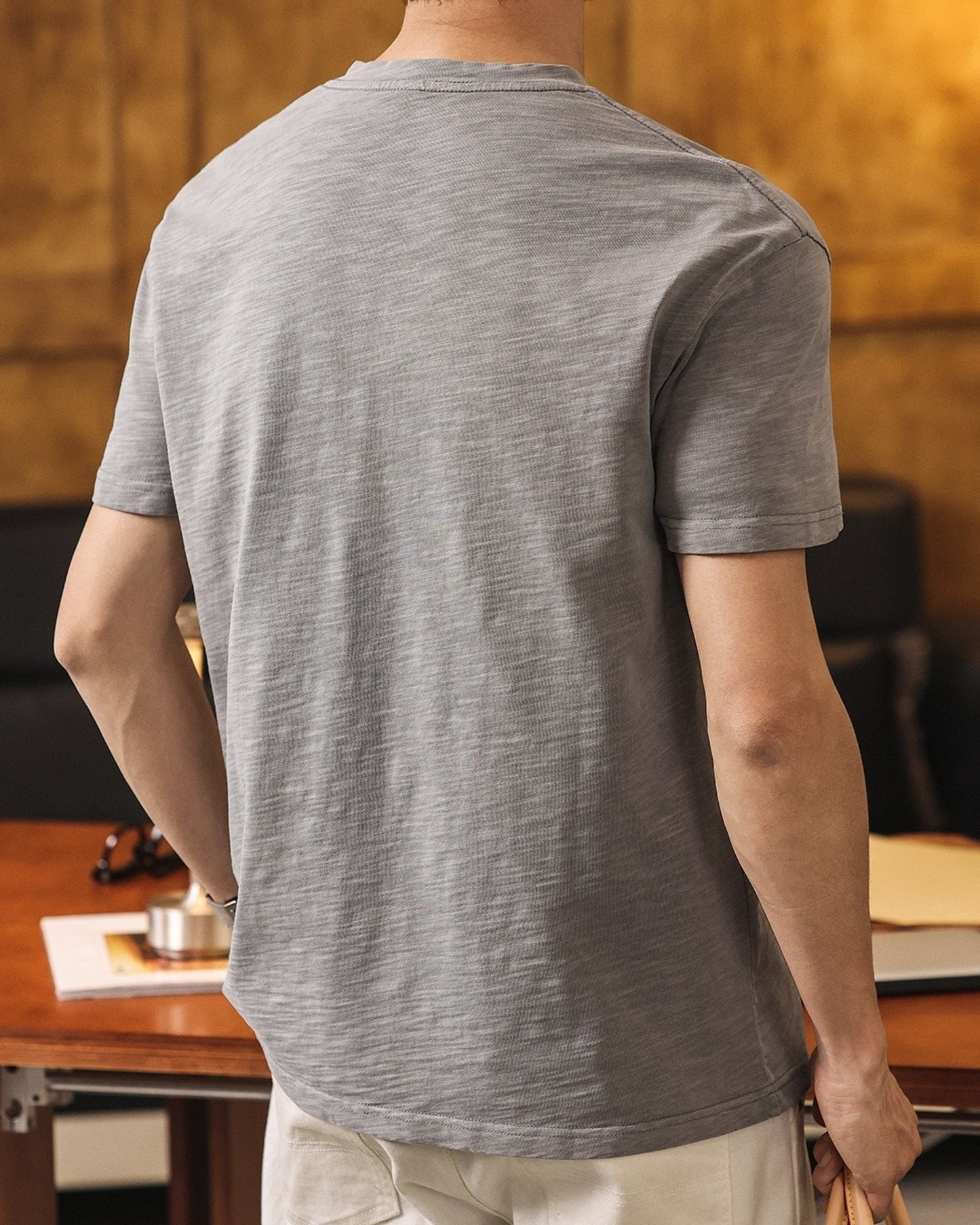 slub cotton henley neck loose short sleeve T-shirt 3color 【ACT0229】