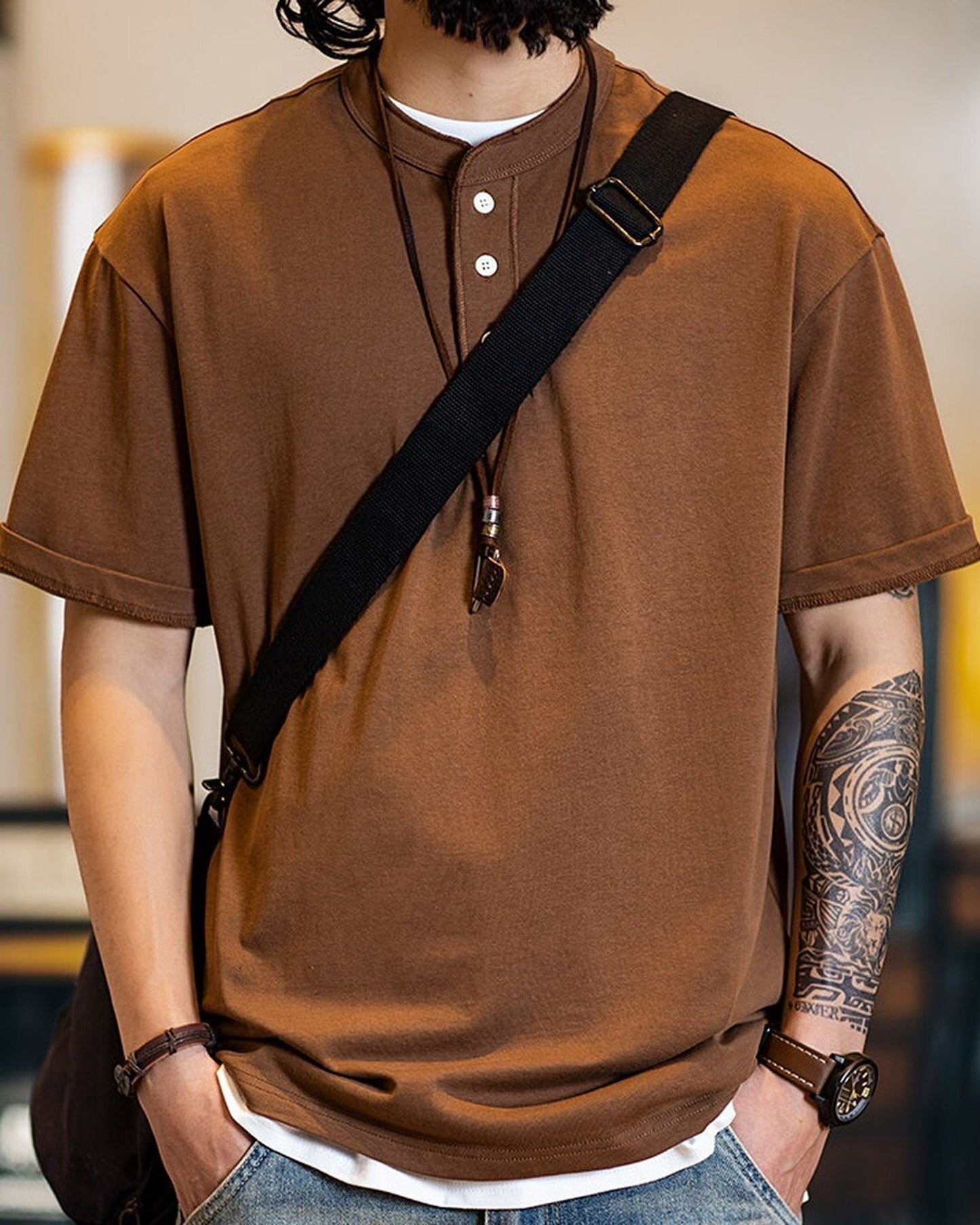 Henley-Neck Casual Loose Short-Sleeve T-Shirt 4color 【ACT0076】