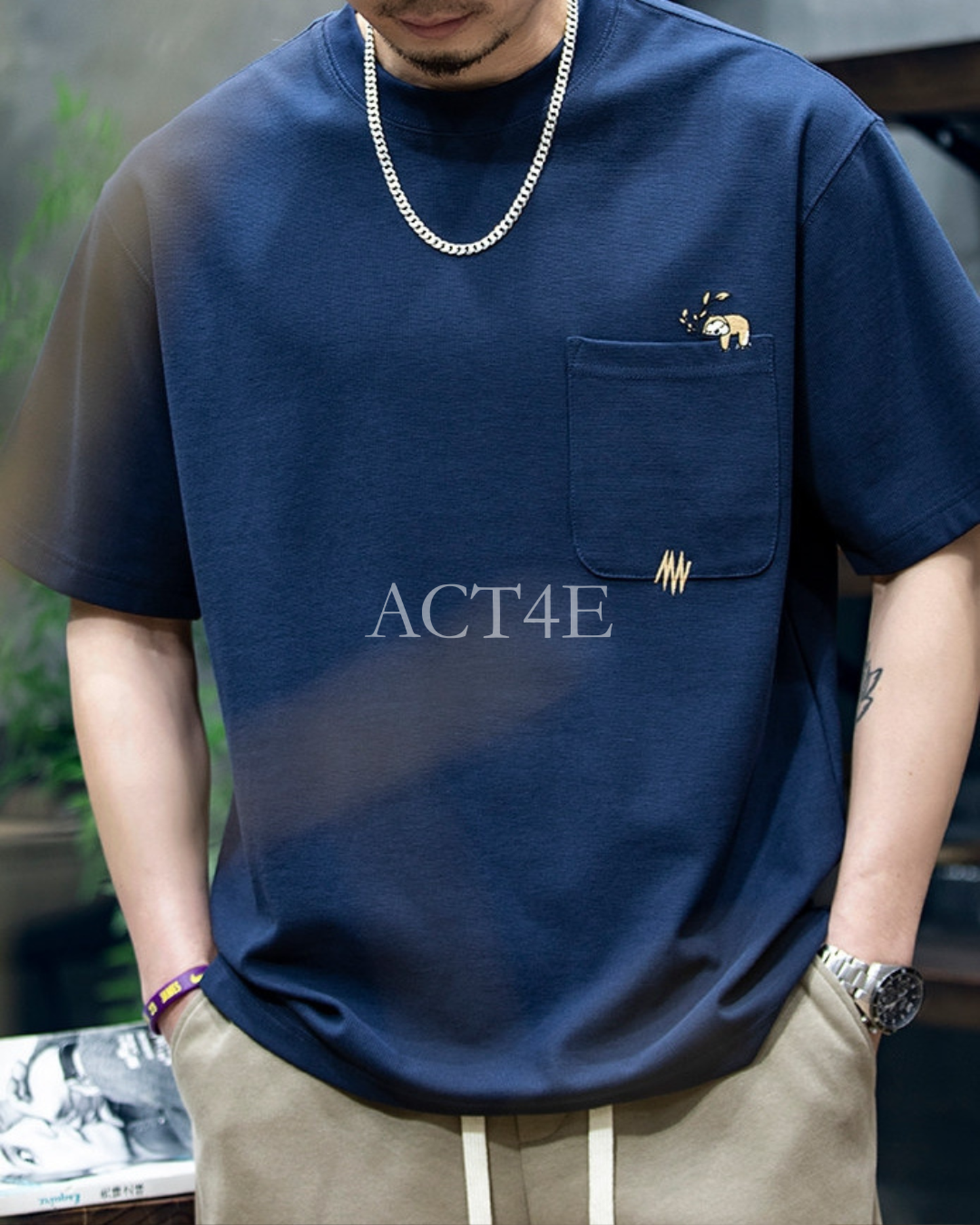 sloth embroidered pocket short sleeve t-shirt 2color 【ACT0159】