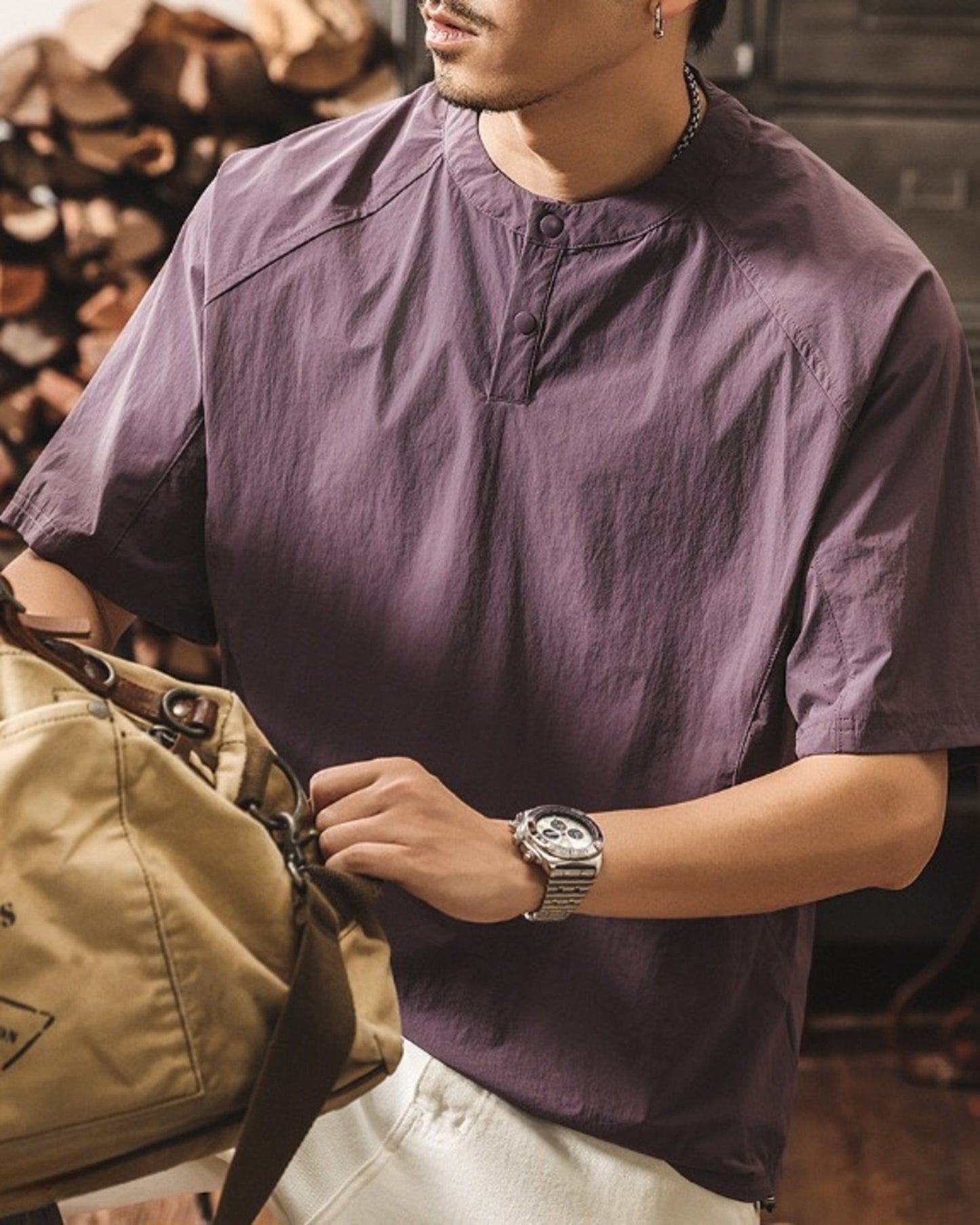 functional henley neck short sleeve t-shirt 2color 【ACT0162】