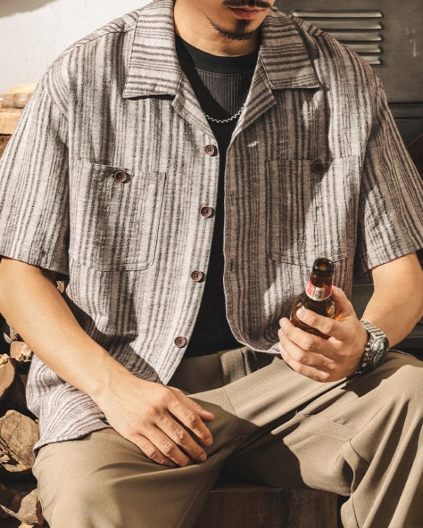 cuban collar linen loose short sleeve shirt 3color 【ACT0231】