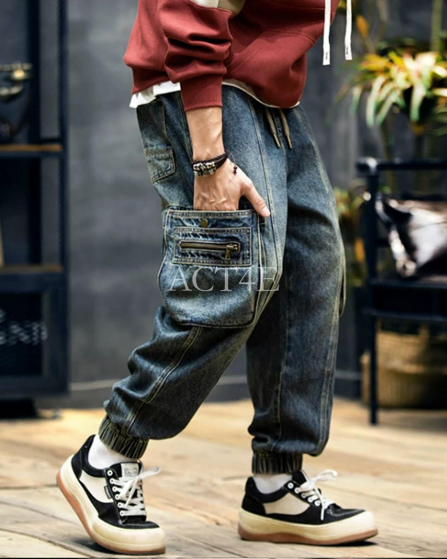 zip pocket cargo denim pants 【ACT0017】