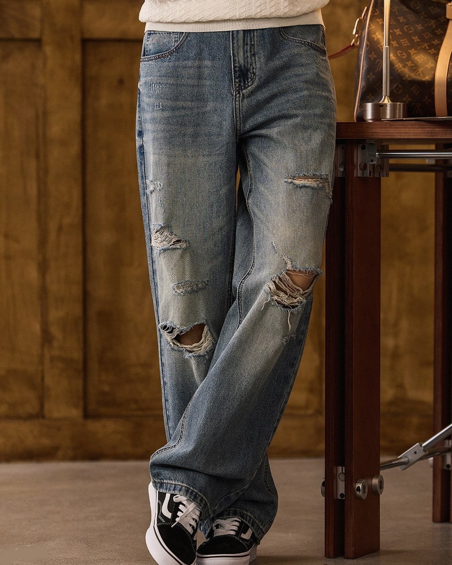 distressed loose straight denim pants 【ACT0177】