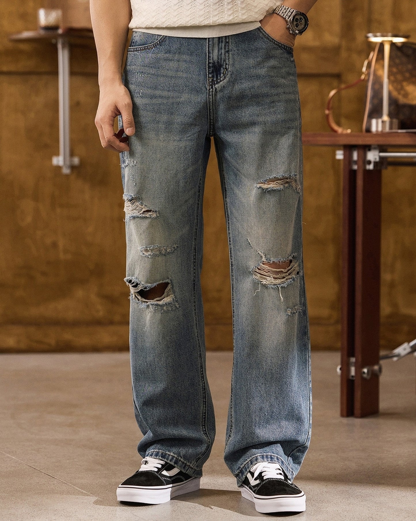 distressed loose straight denim pants 【ACT0177】
