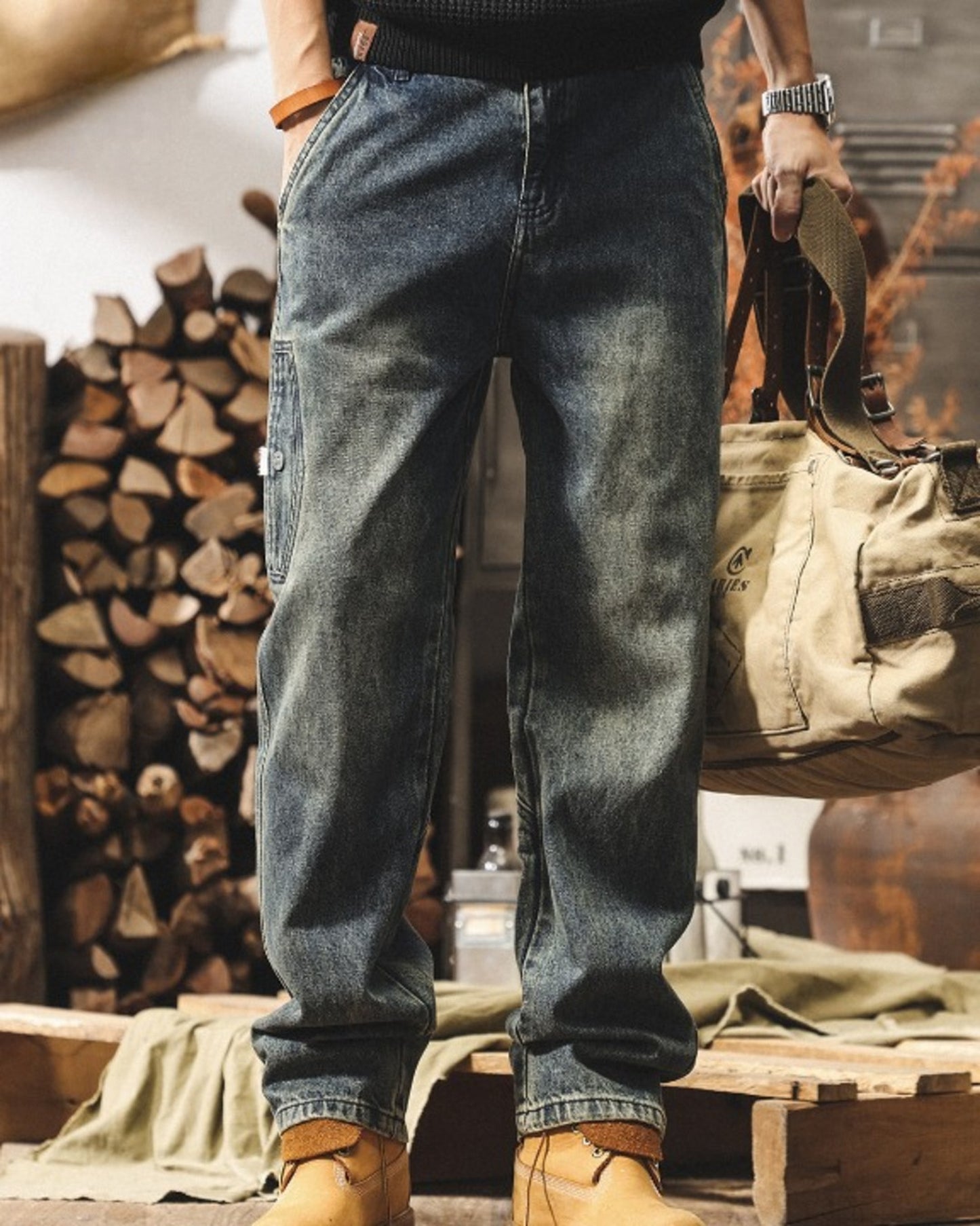 vintage wash loose straight cargo denim pants 2color 【ACT0223】