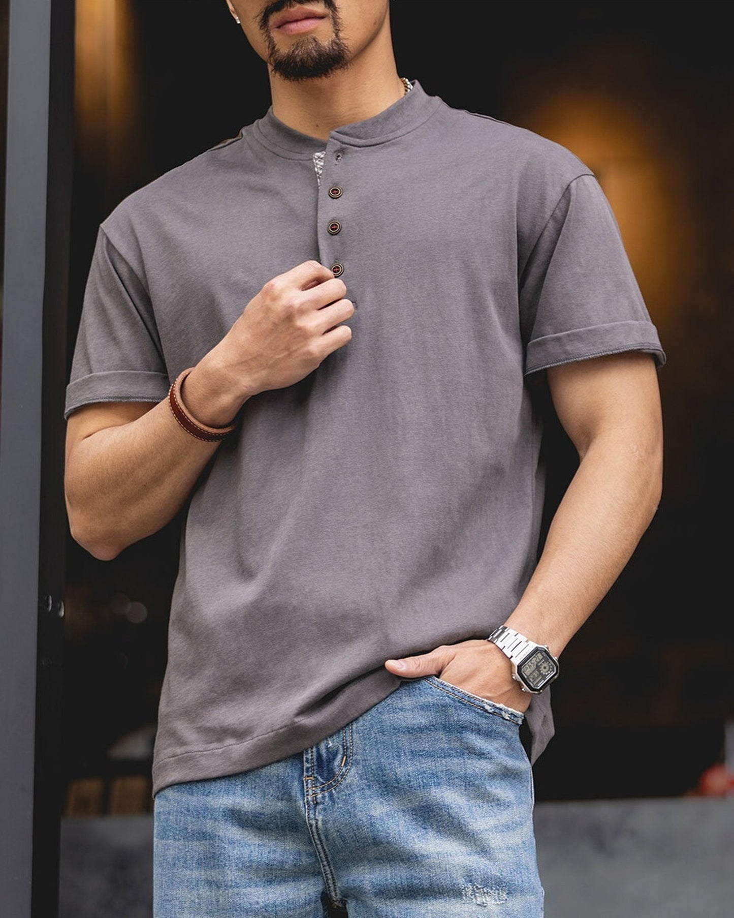 Check Plaid Henley-Neck Loose Casual T-Shirt 【ACT0078】