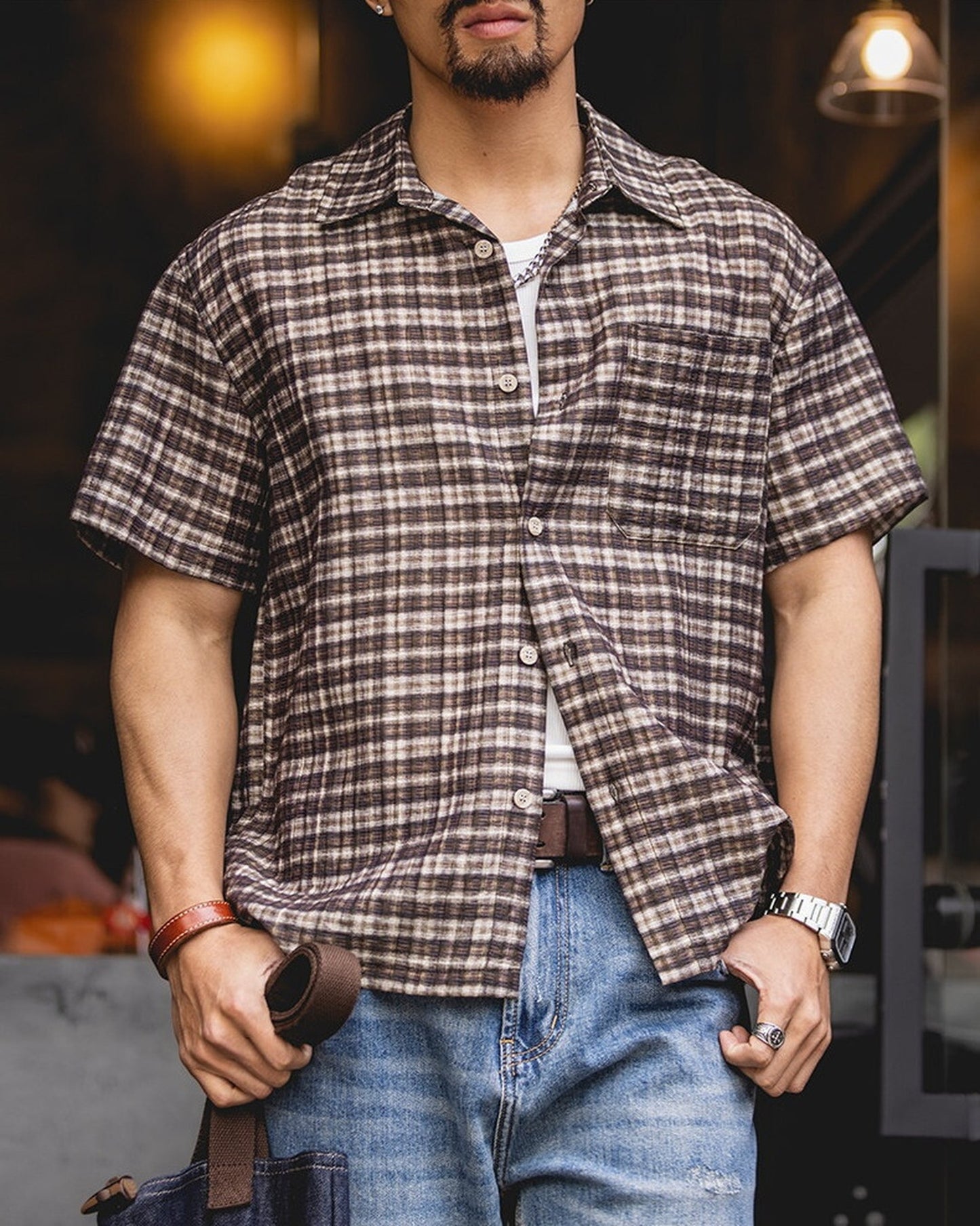 Classic-Check Pocket Loose Casual Short-Sleeve Shirt 【ACT0130】