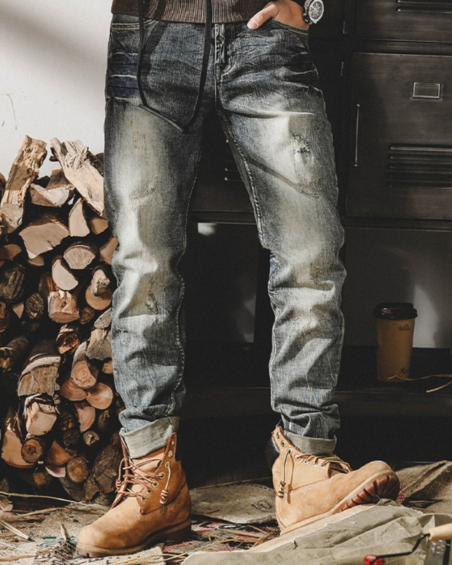 heavy slim straight distressed denim pants 【ACT0183】