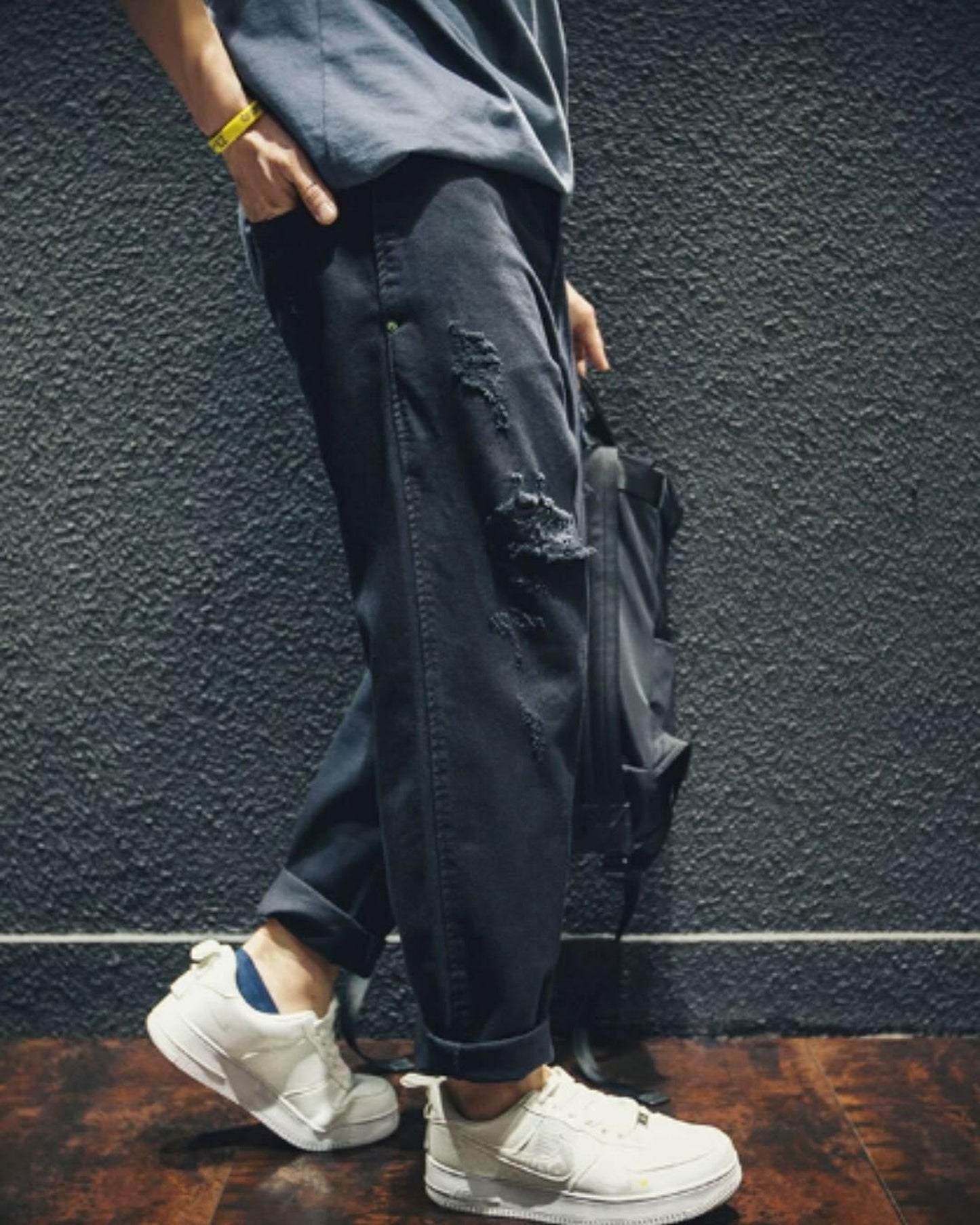 damage processed wide tapered denim pants 【ACT0020】