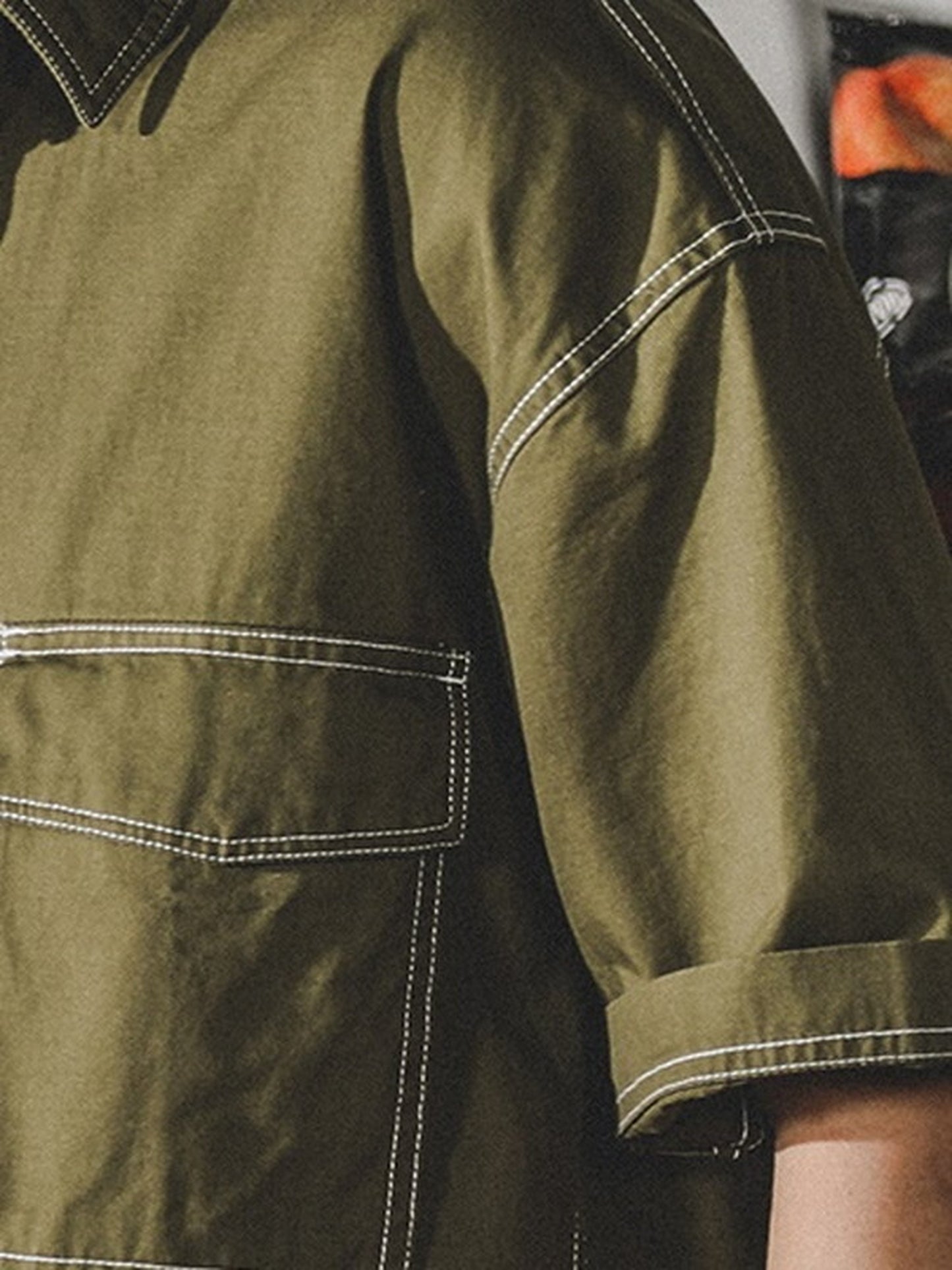 loose-fit stitched pocket short-sleeve cotton shirt 【ACT0252】