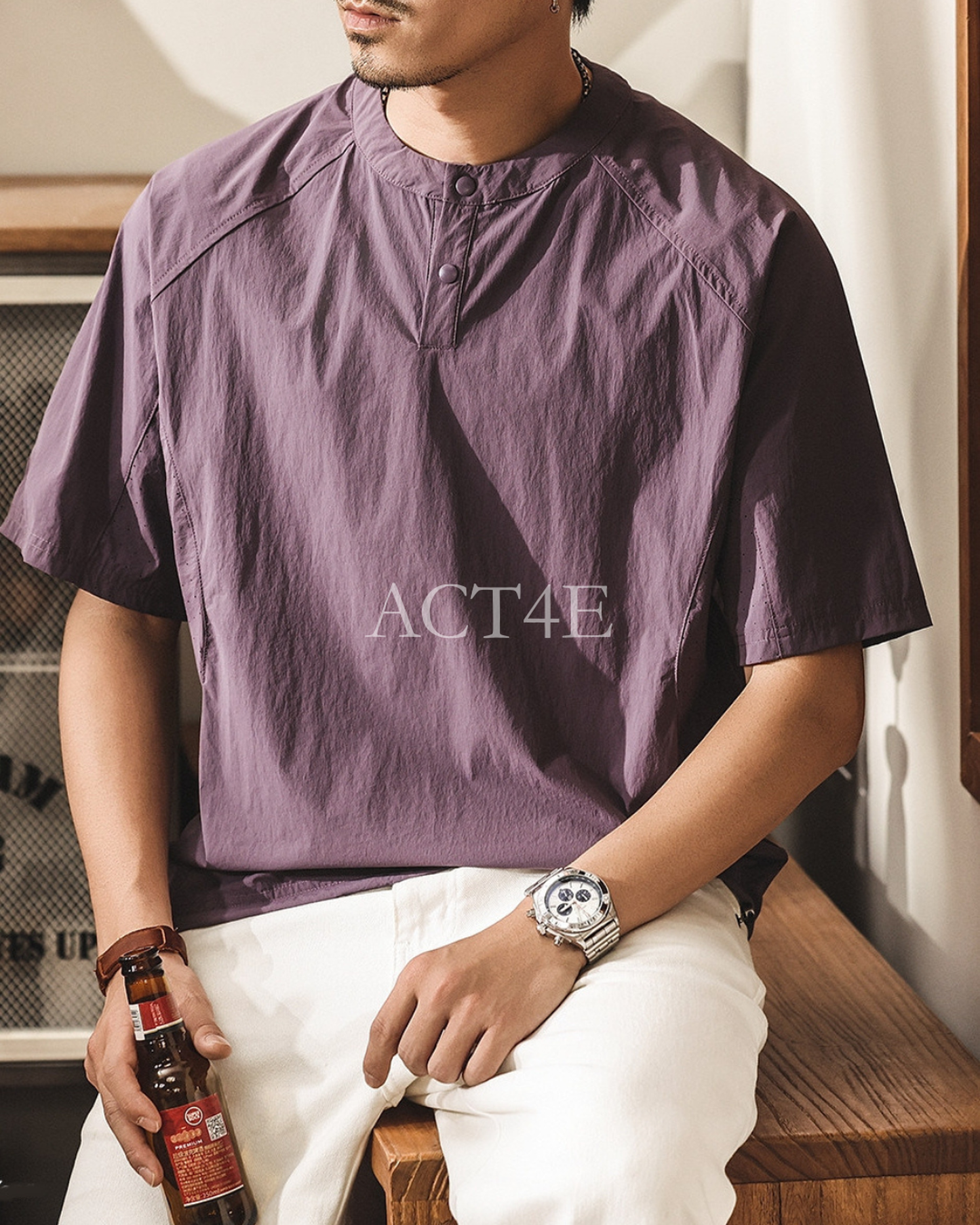 functional henley neck short sleeve t-shirt 2color 【ACT0162】