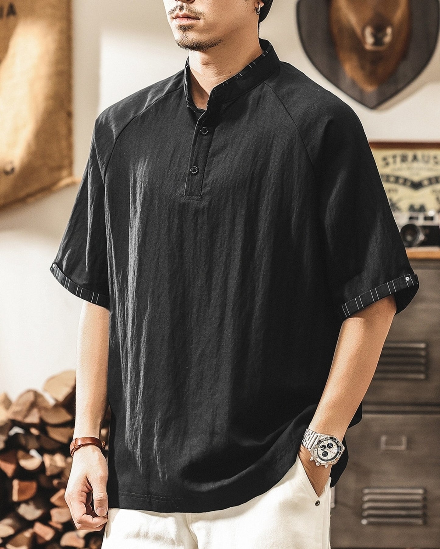 band collar henley neck short sleeve shirt 2color 【ACT0166】