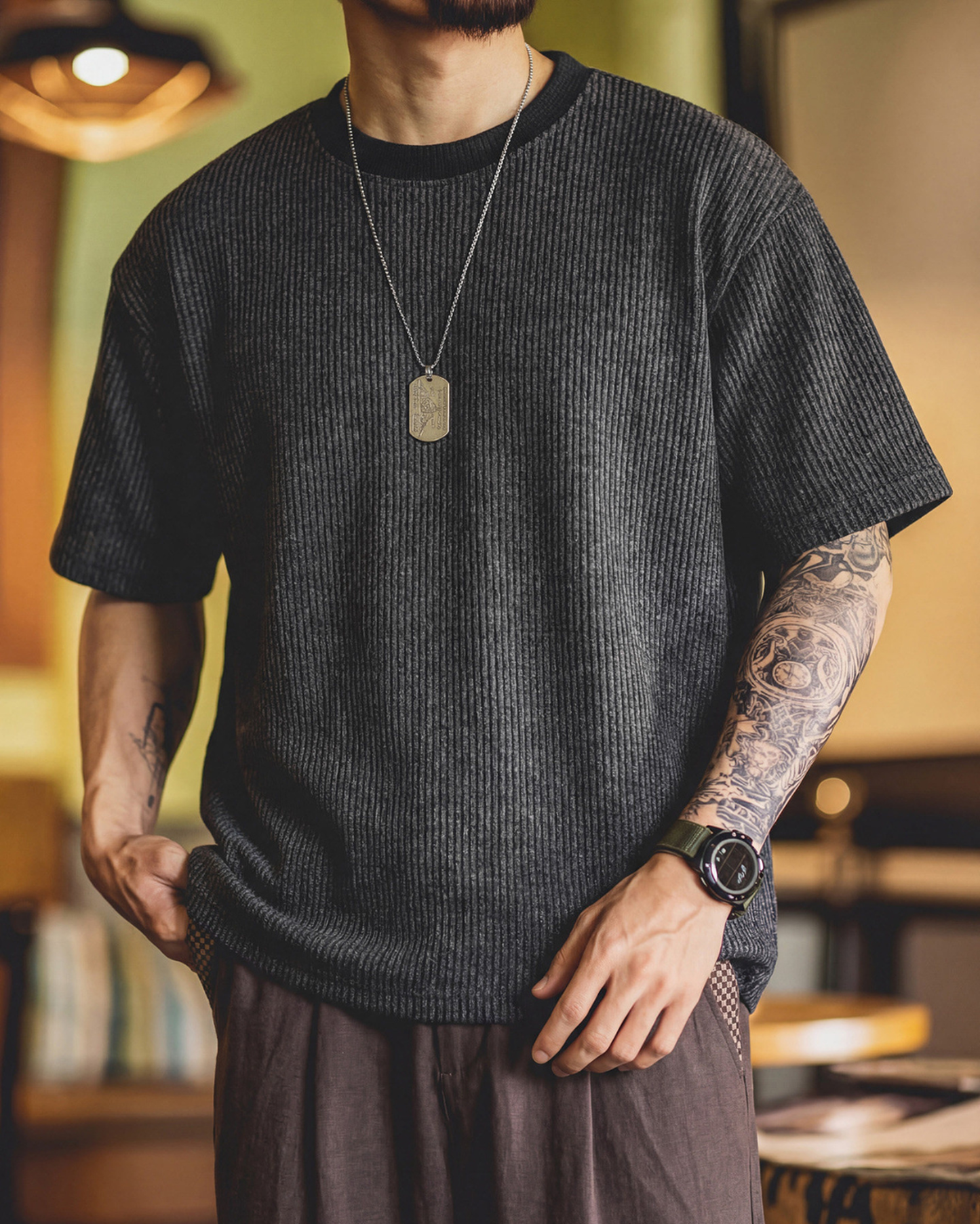 Vertical stripe rib knit t-shirt 【ACT0064】