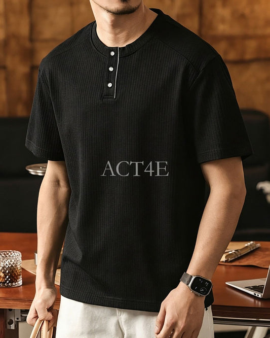 henley neck short sleeve T-shirt 4color 【ACT0235】