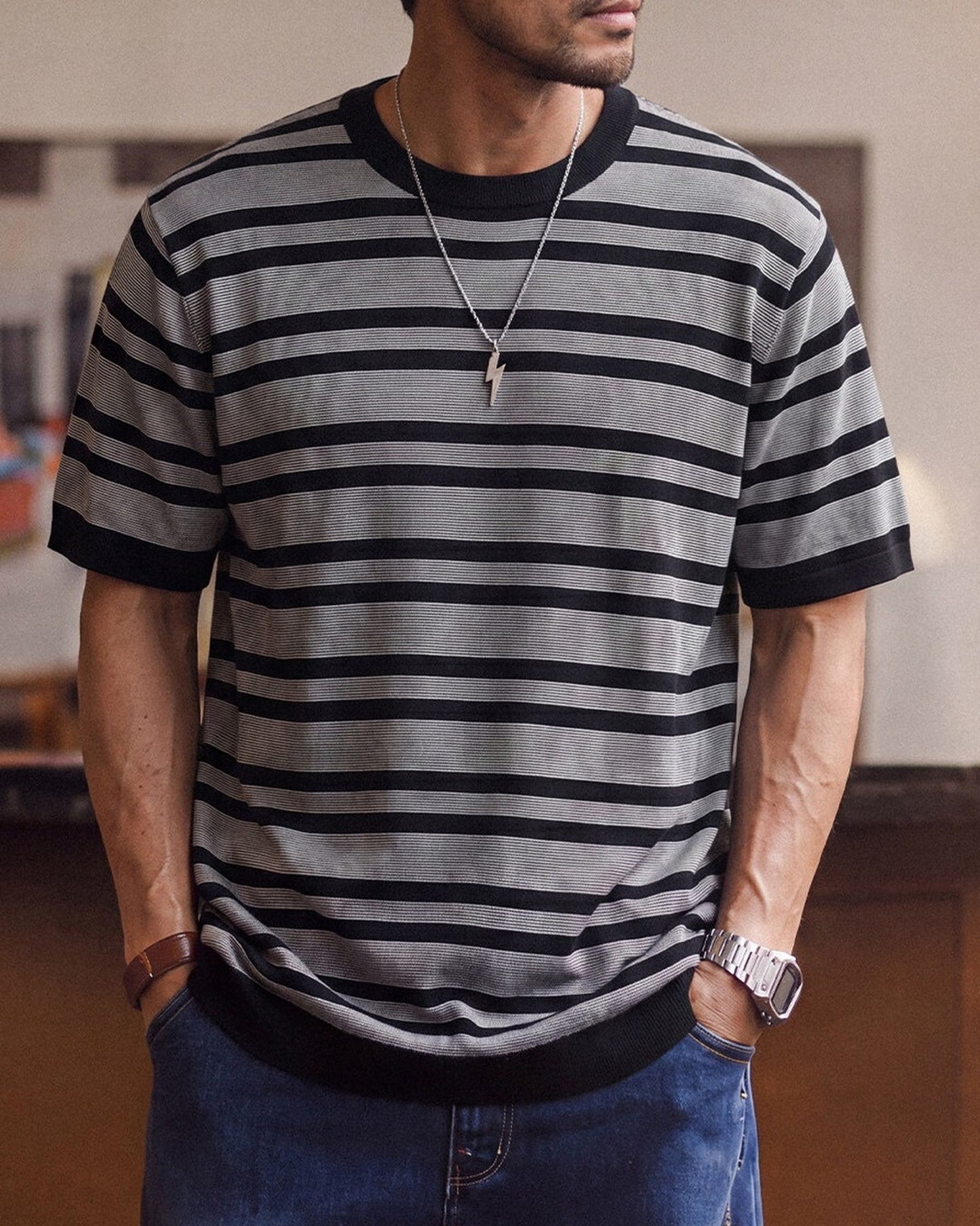 Striped Relaxed Fit Knit Short Sleeve Polo Shirt 2color 【ACT0120】