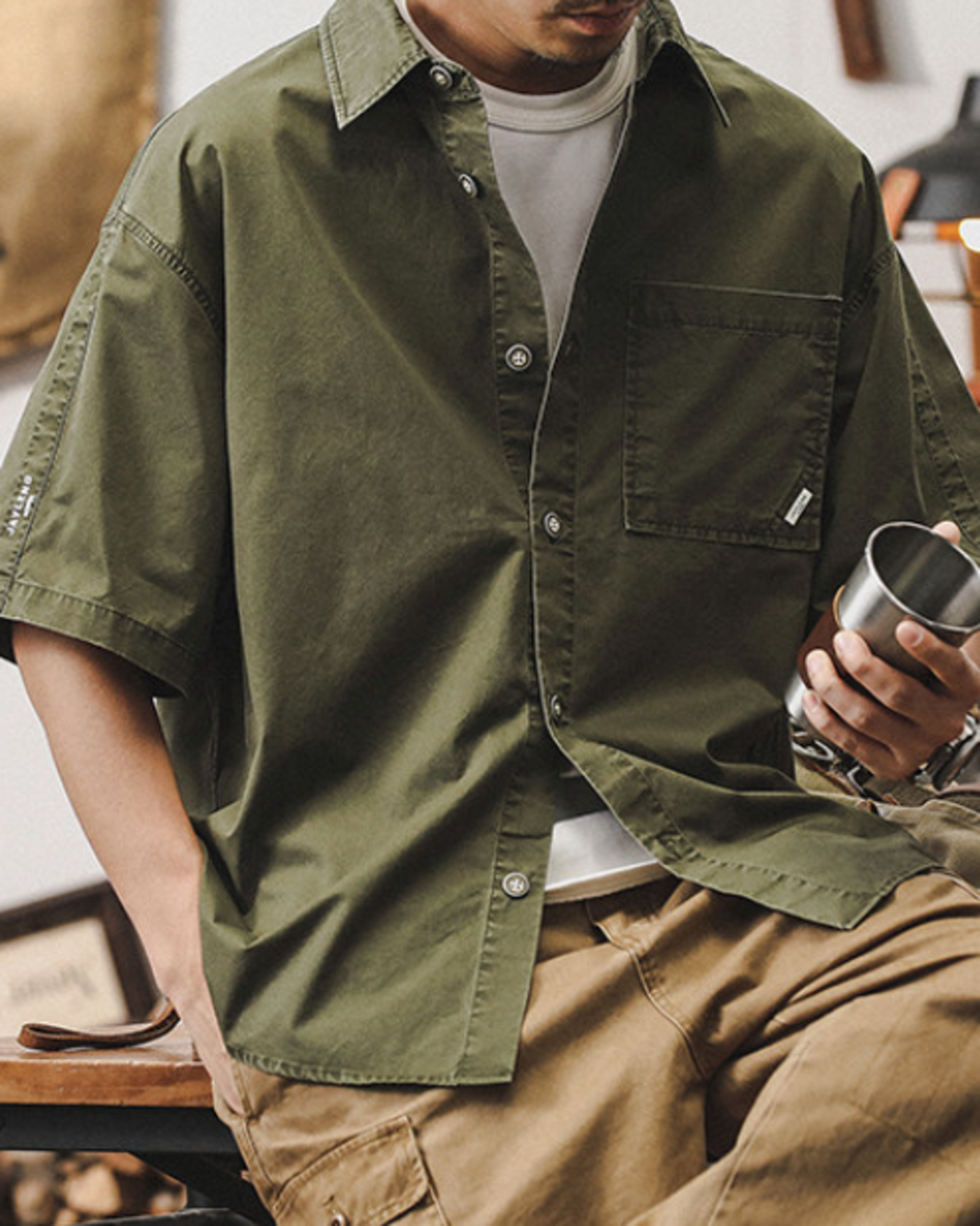 vintage washed loose military short sleeve shirt 2color 【ACT0246】