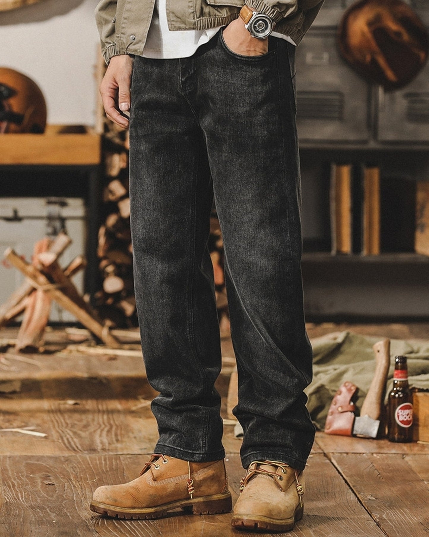 vintage heavy weight loose straight denim pants 2color 【ACT0224】
