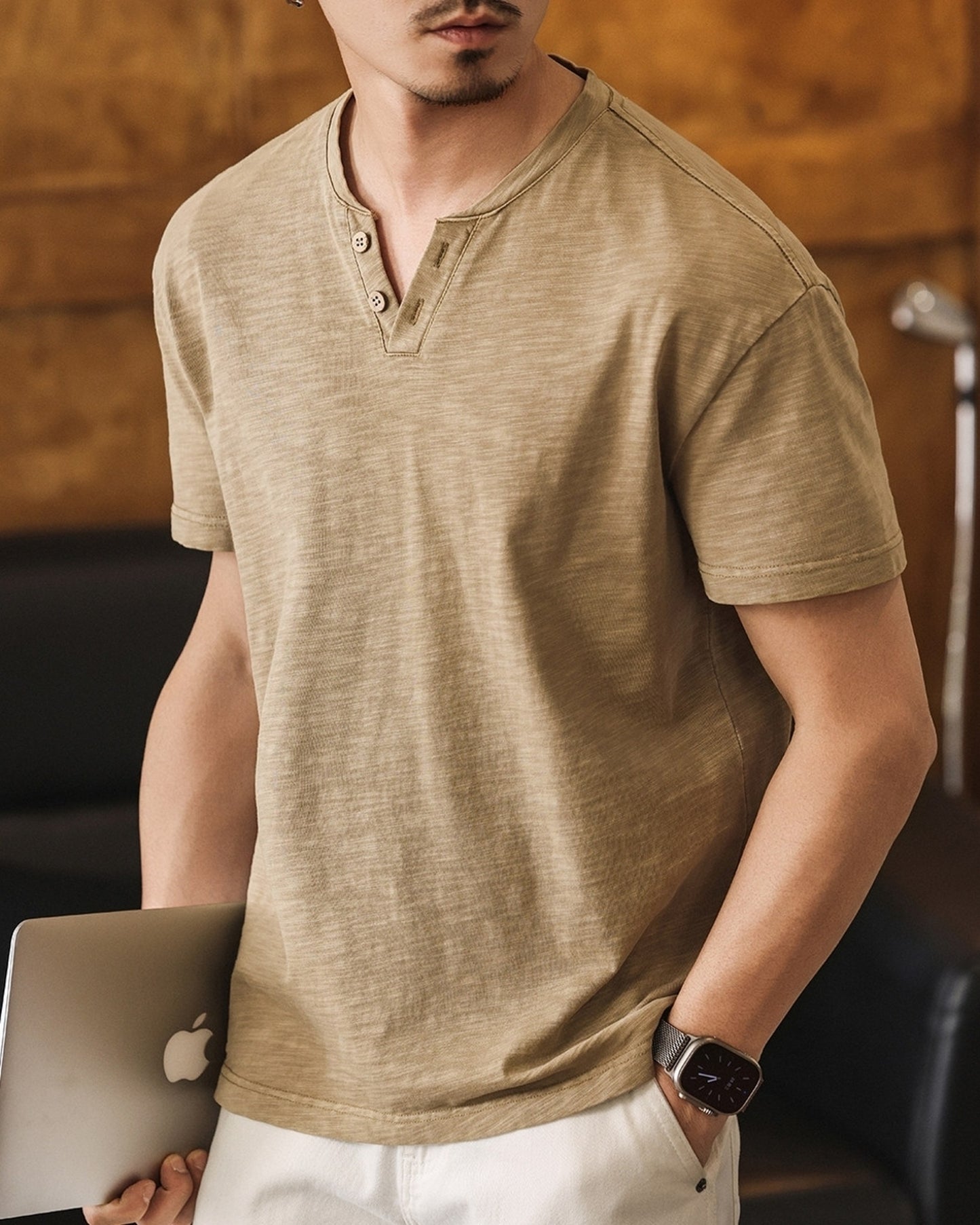 slub cotton henley neck loose short sleeve T-shirt 3color 【ACT0229】