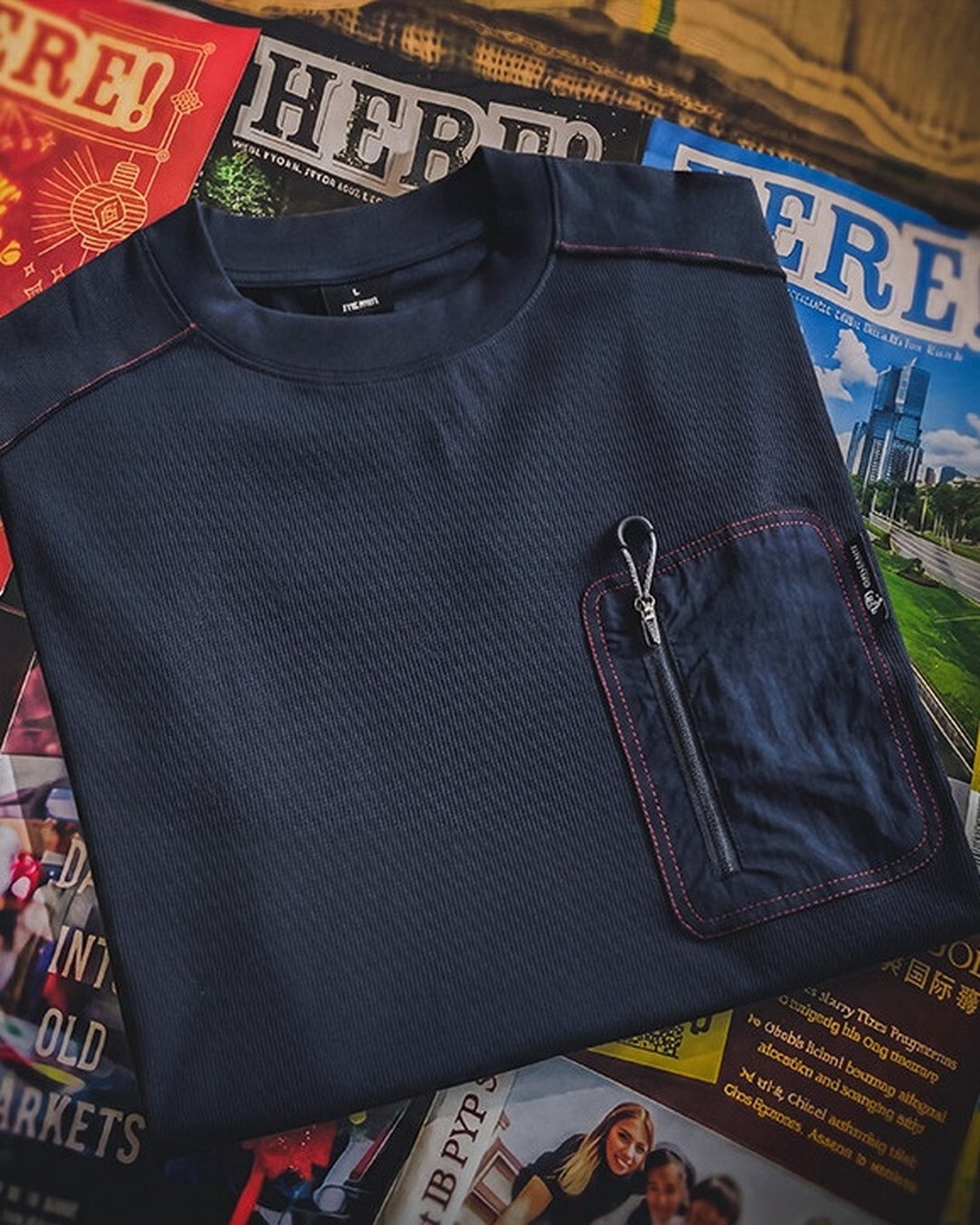 Vintage Zip-Pocket Contrast-Stitch Relaxed T-Shirt 【ACT0093】